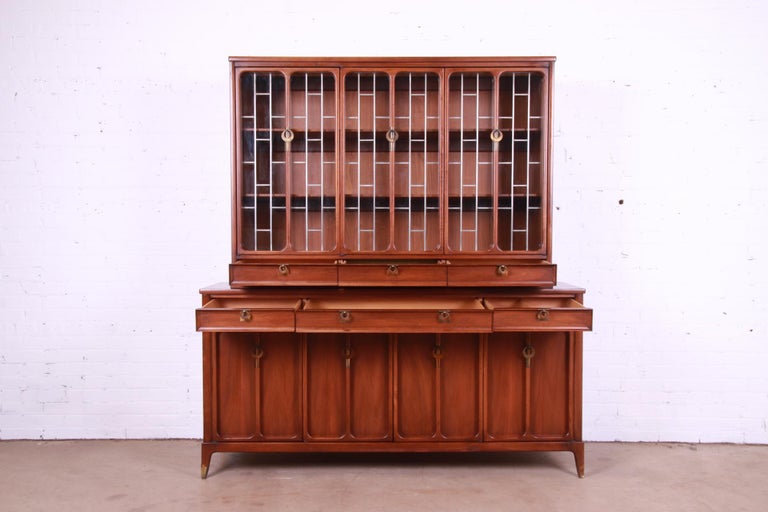 White Furniture Mid-Century Modern Sculpted Walnut Breakfront Bookcase Cabinet In Good Condition For Sale In South Bend, IN