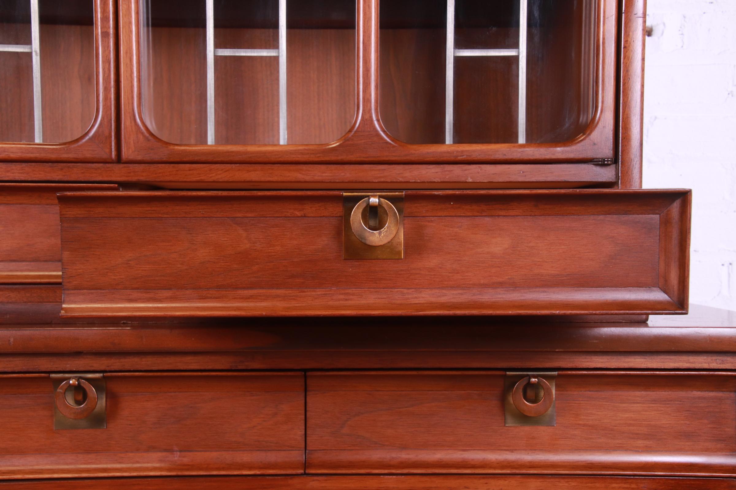 American White Furniture Mid-Century Modern Sculpted Walnut Breakfront Bookcase Cabinet