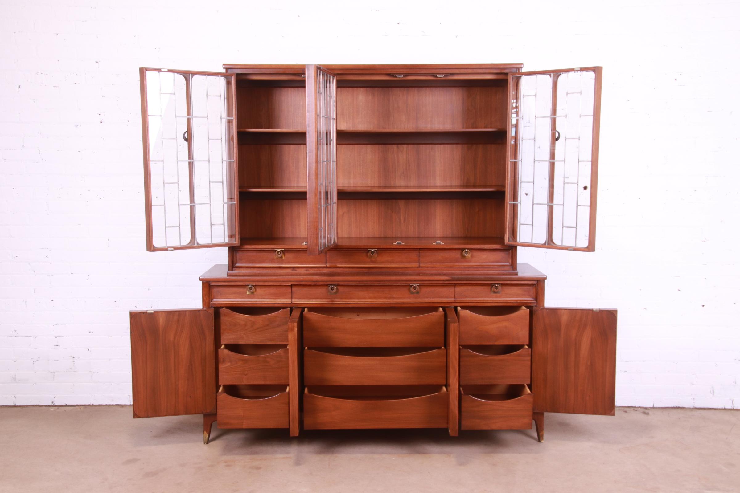 Brass White Furniture Mid-Century Modern Sculpted Walnut Breakfront Bookcase Cabinet