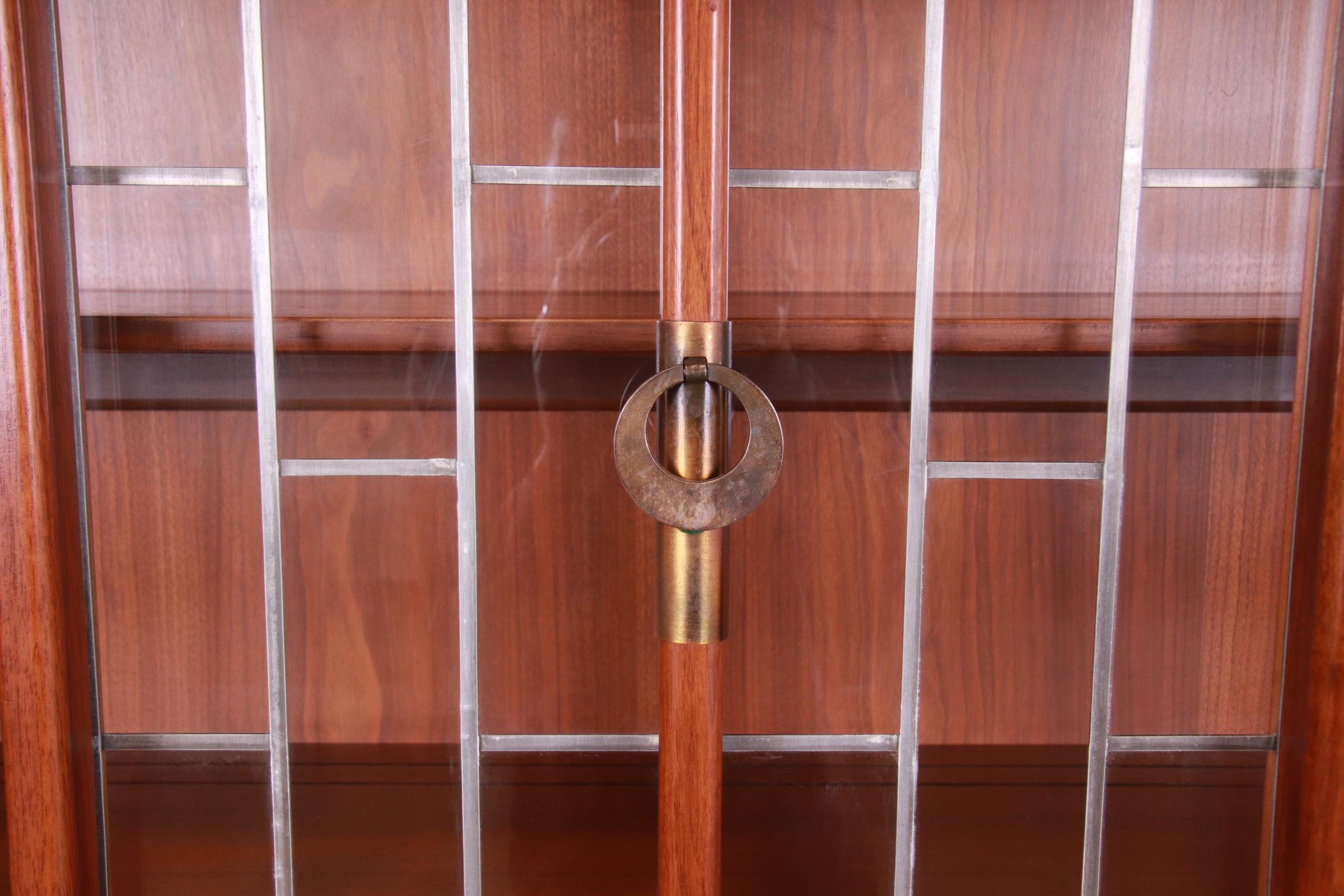 Brass White Furniture Mid-Century Modern Sculpted Walnut Breakfront Bookcase Cabinet