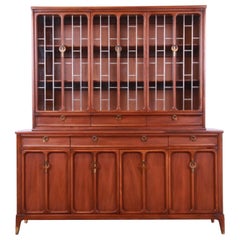 White Furniture Mid-Century Modern Sculpted Walnut Breakfront Bookcase Cabinet