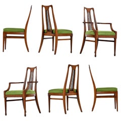 White Furniture Walnut High Back Cane Dining Chairs with New Nubby Green Fabric