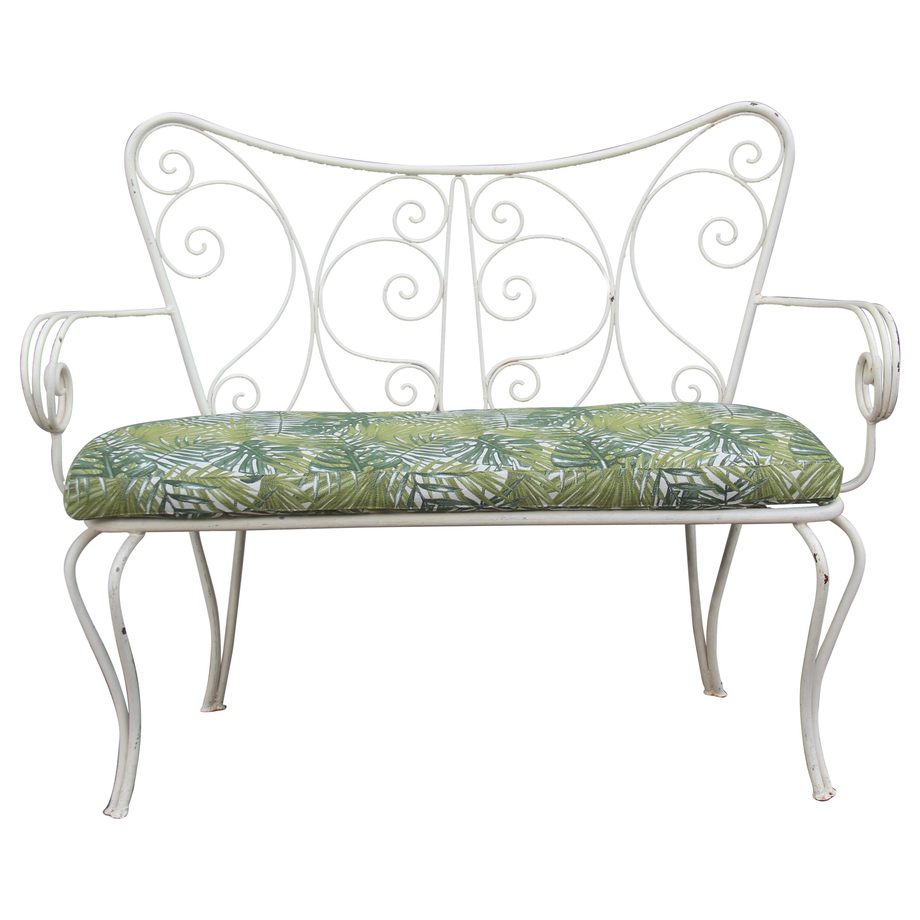 White Garden Sofa Mid-century Worked Shaped  Green Metal Cushion 1950s