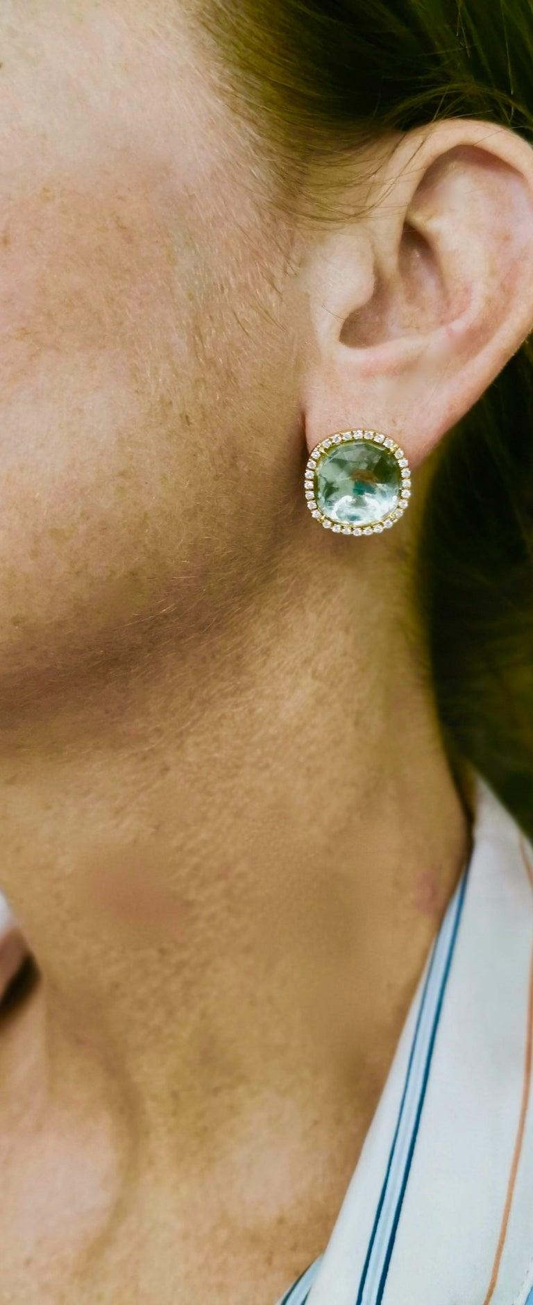 Women's or Men's White Gemstones Facet Diamond Yellow Gold Earrings For Sale