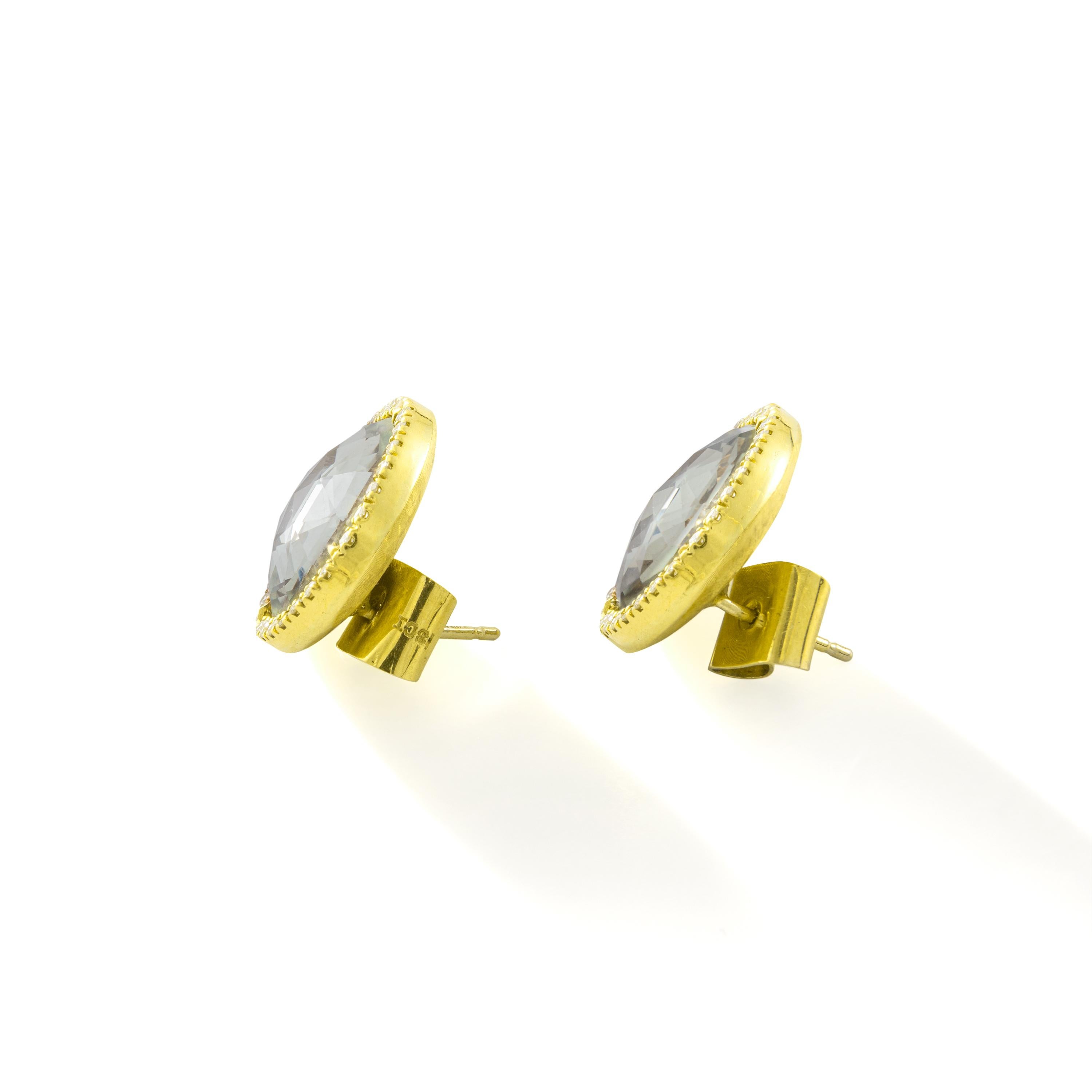 Round Cut White Gemstones Facet Diamond Yellow Gold Earrings For Sale