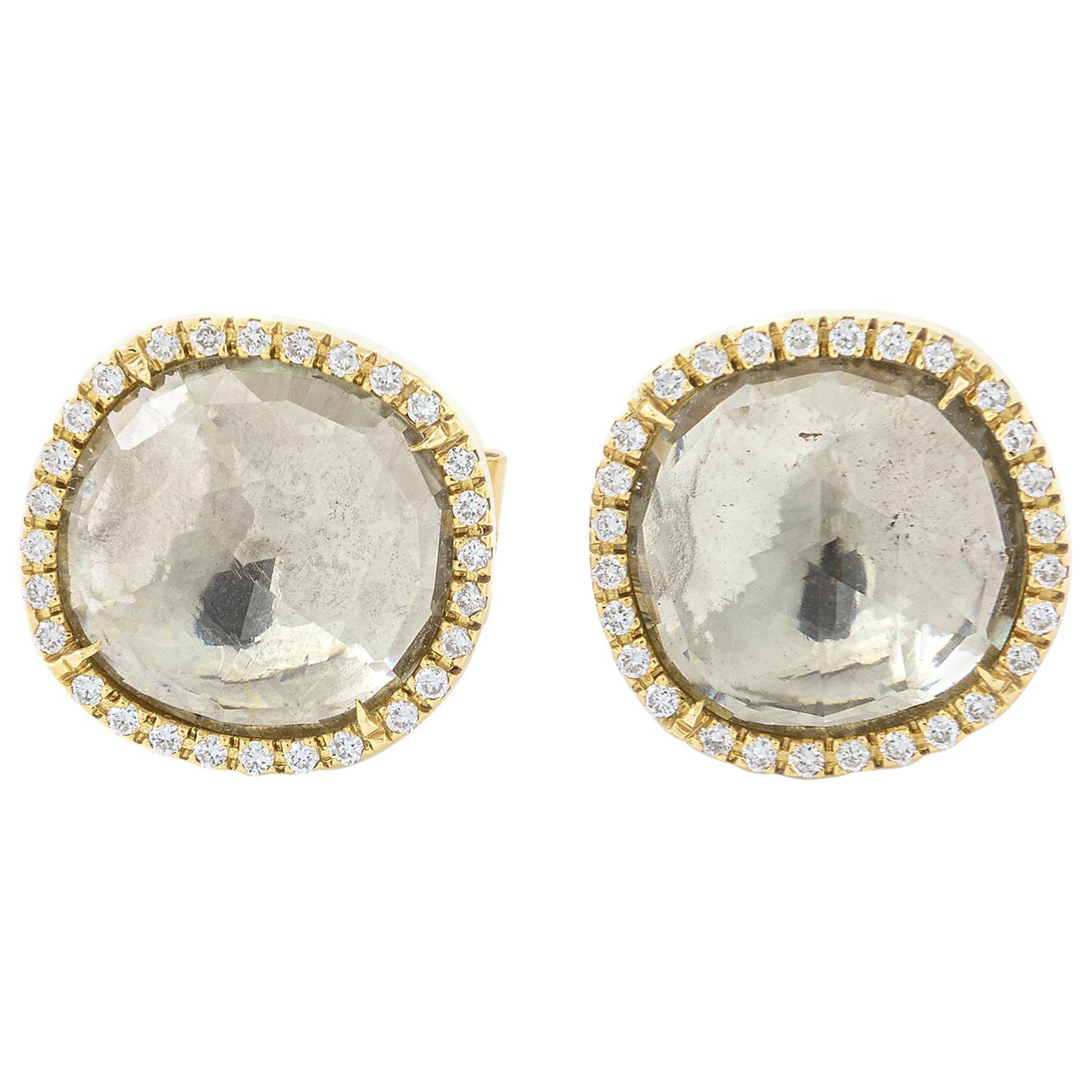 White Gemstones Facet Diamond Yellow Gold Earrings For Sale