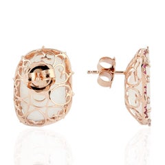 White Geode Studs with Diamonds and Rubies Set in 18k Gold