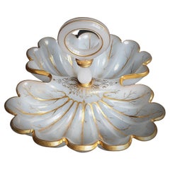 Antique White Gilded Opaline Glass Serving Dish, Kidney Shaped, Late 19th Century