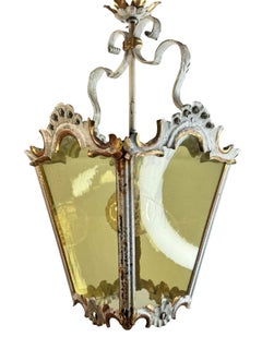 White Gilt Metal Florence Style Tole Lantern Chandelier Pendant Italy, 1960s