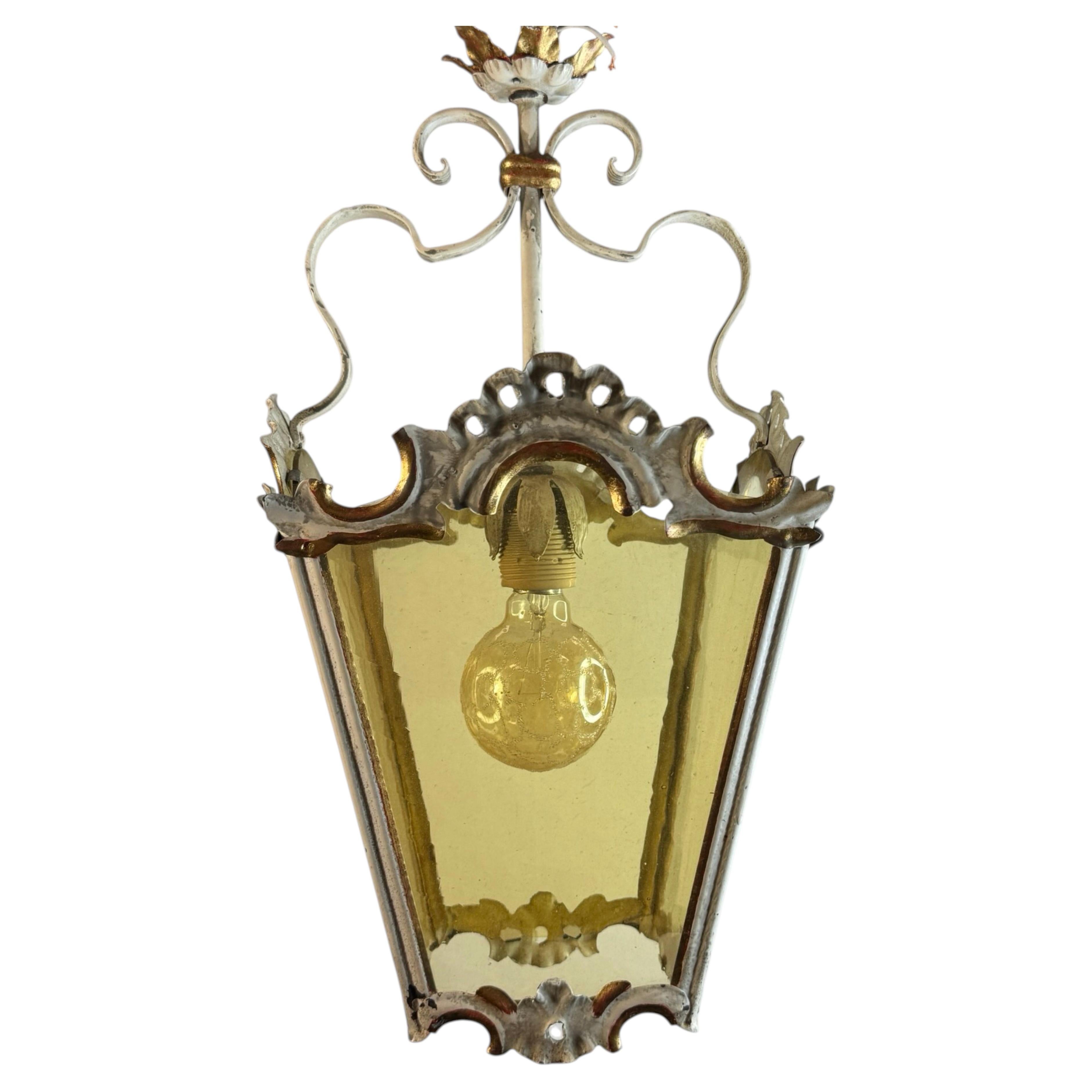 White Gilt Metal Florence Style Tole Lantern Chandelier Pendant Italy, 1960s