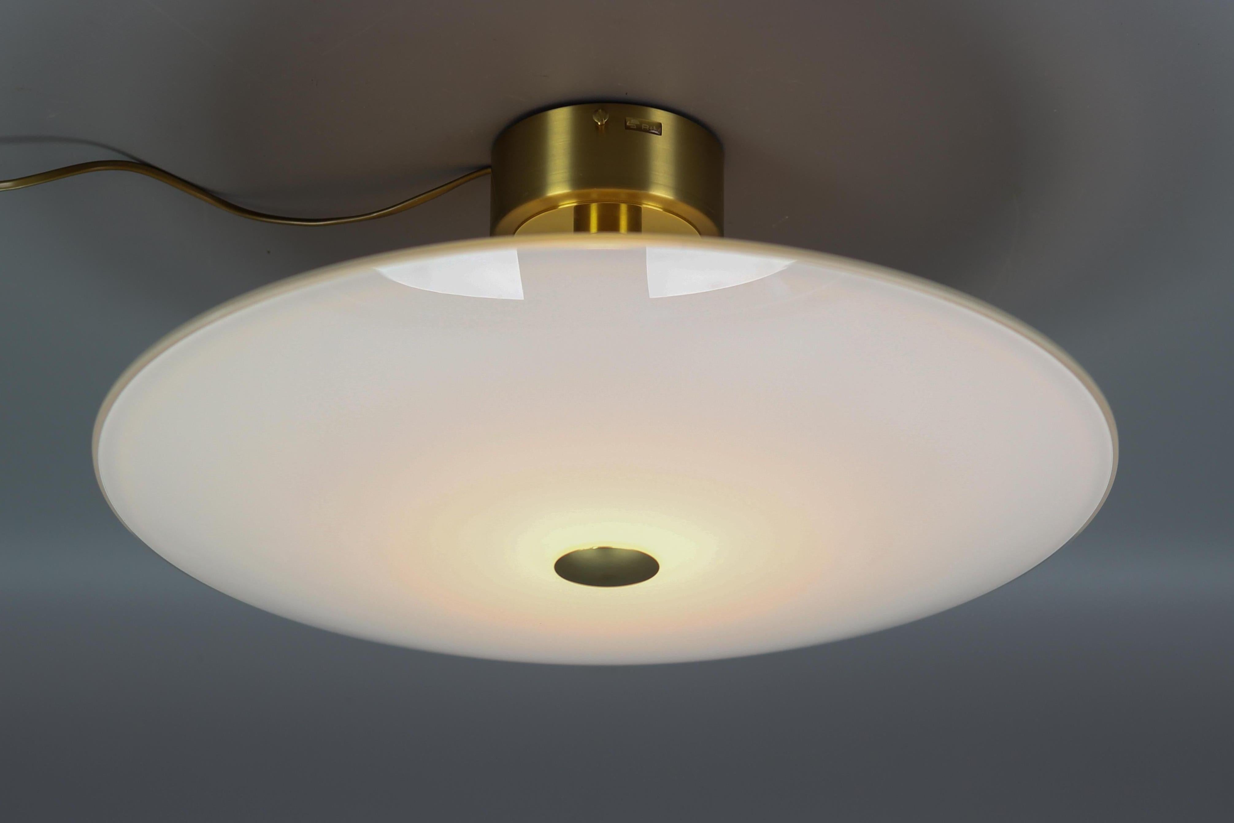 Modern White Glass and Brass Flush Mount by B + M Leuchten, Germany For Sale