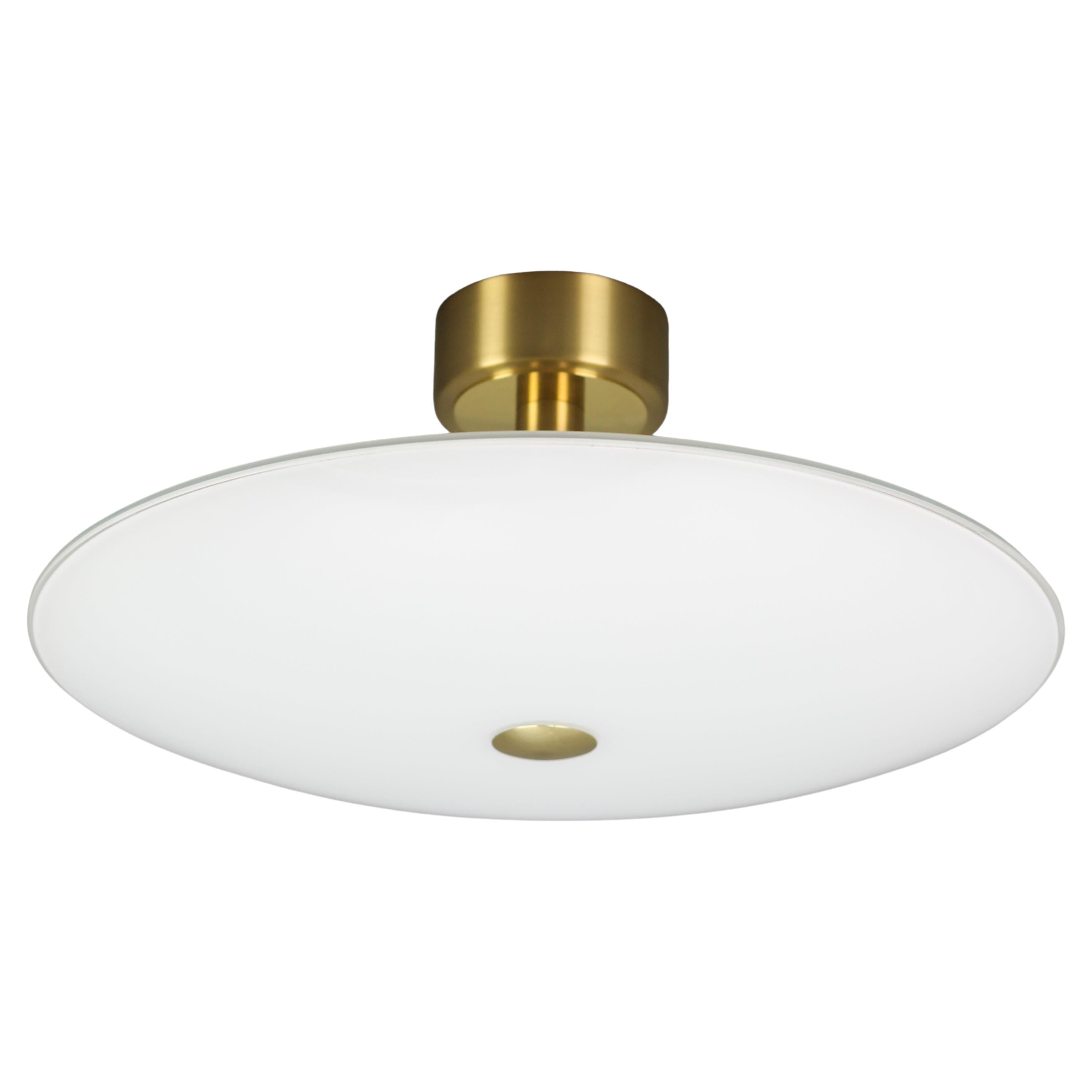 White Glass and Brass Flush Mount by B + M Leuchten, Germany For Sale