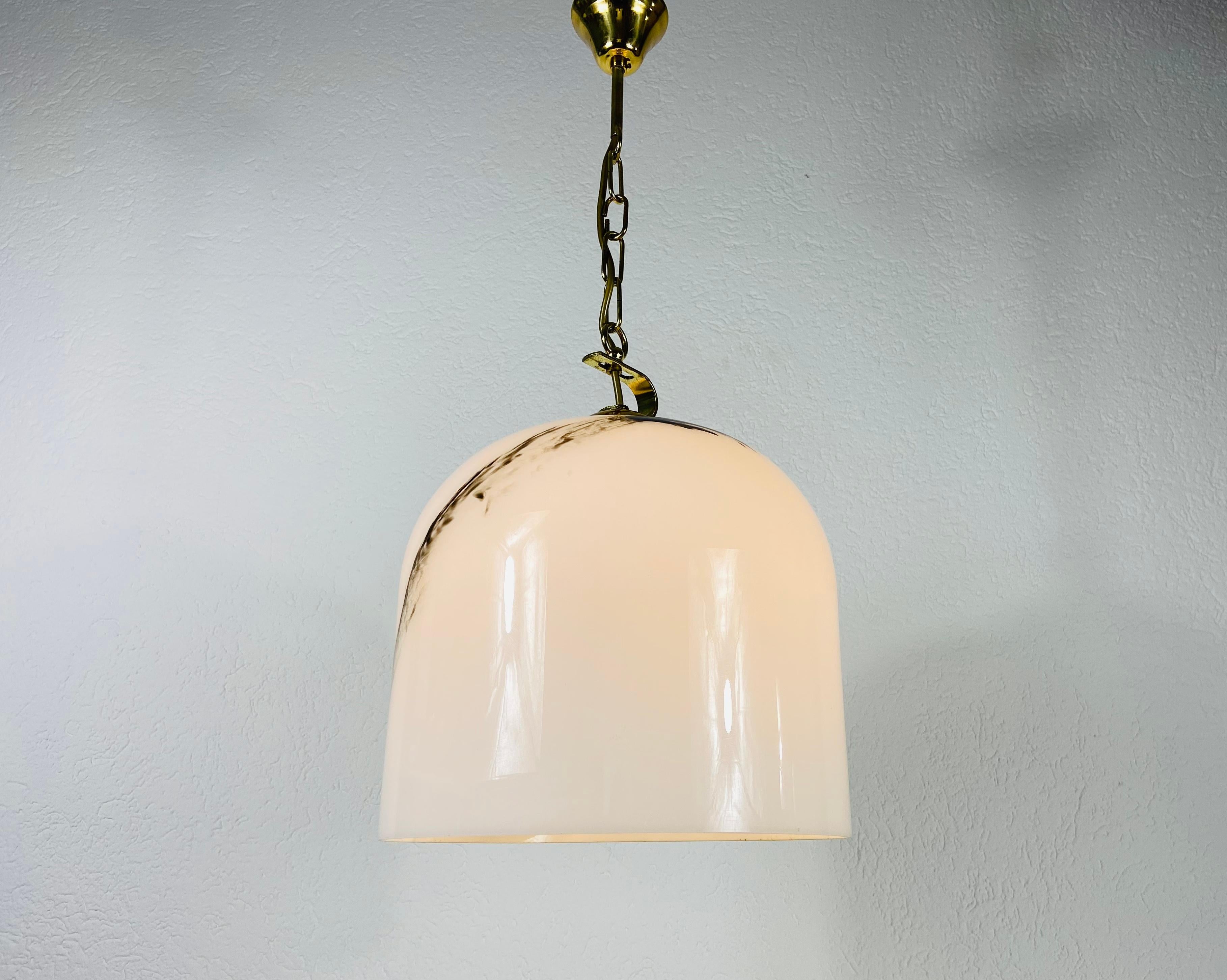 White Glass and Brass Hanging Lamp by Peill & Putzler, 1970s, Germany For Sale 6