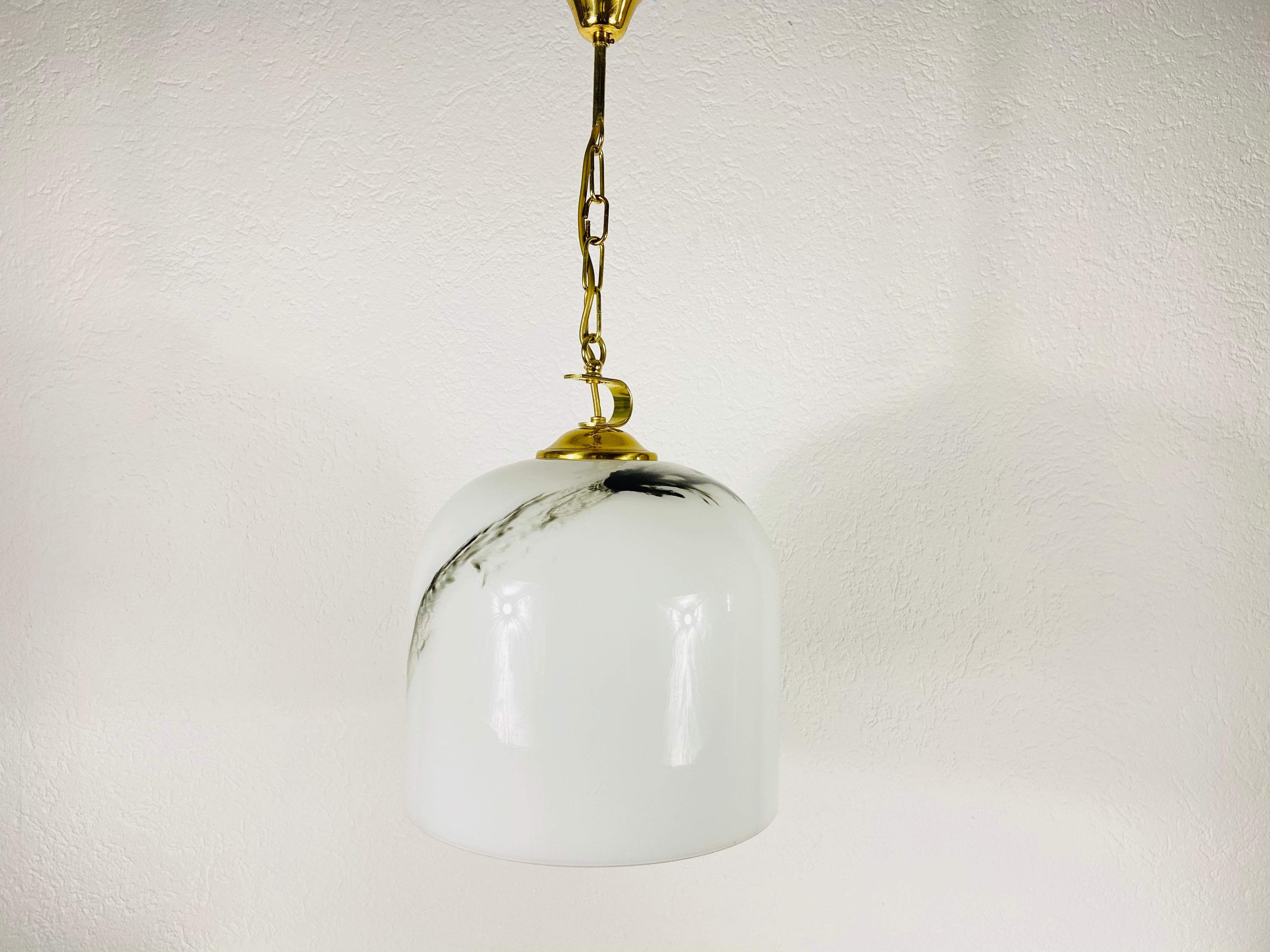Mid-Century Modern White Glass and Brass Hanging Lamp by Peill & Putzler, 1970s, Germany For Sale
