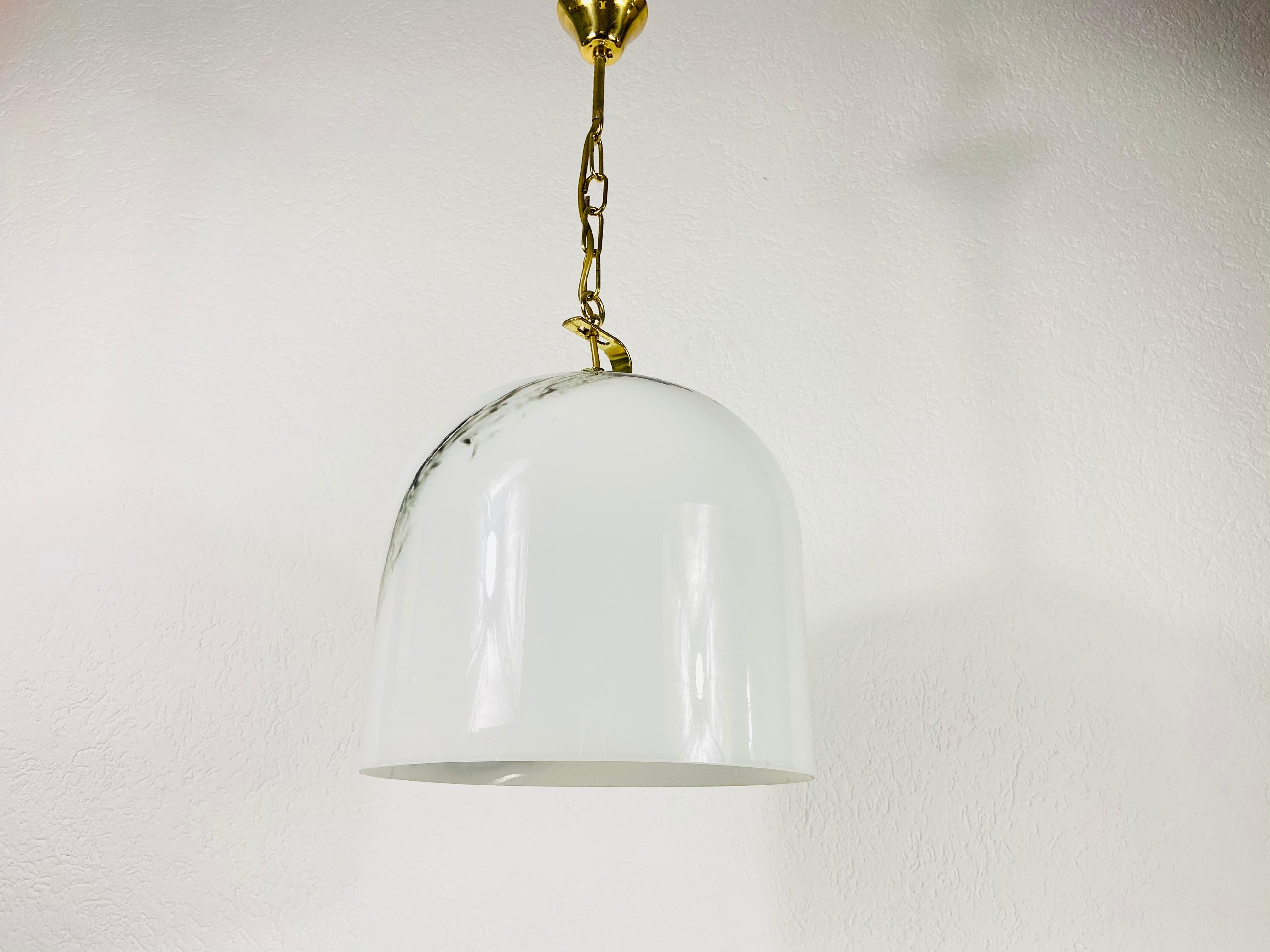 White Glass and Brass Hanging Lamp by Peill & Putzler, 1970s, Germany For Sale 1