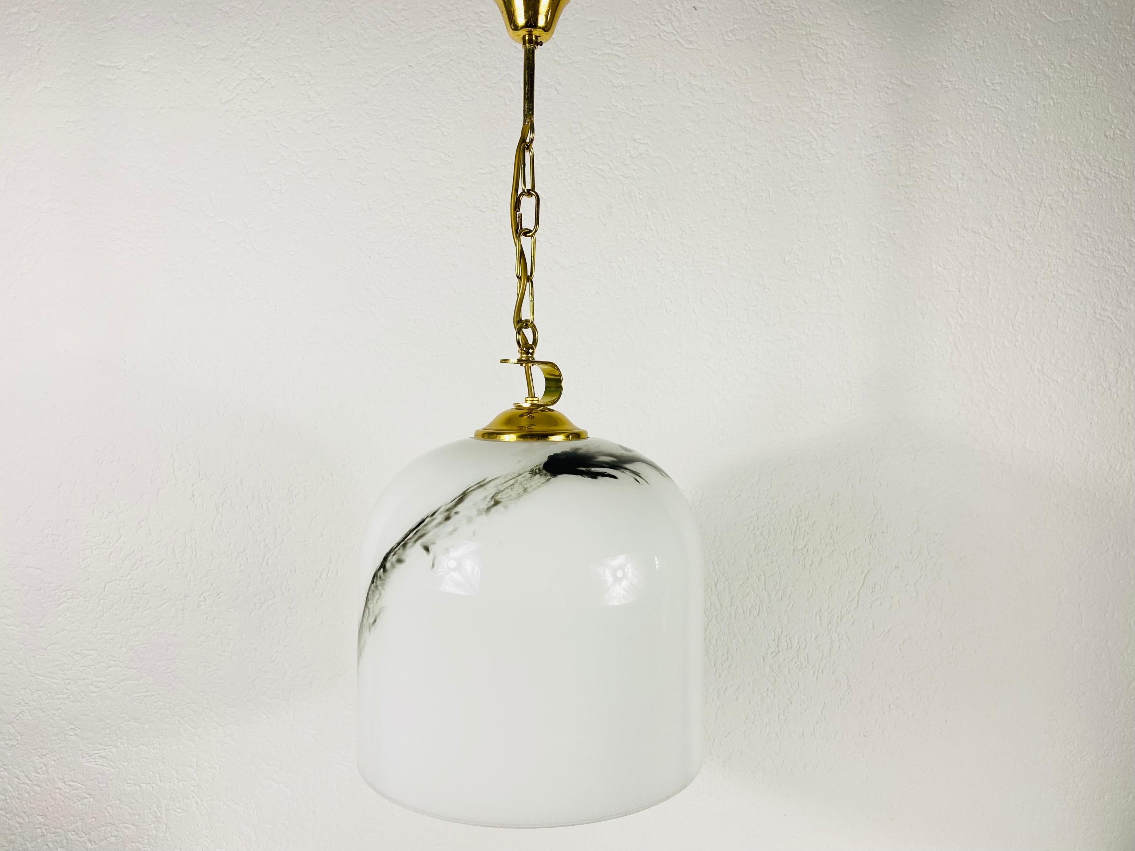 White Glass and Brass Hanging Lamp by Peill & Putzler, 1970s, Germany For Sale 2