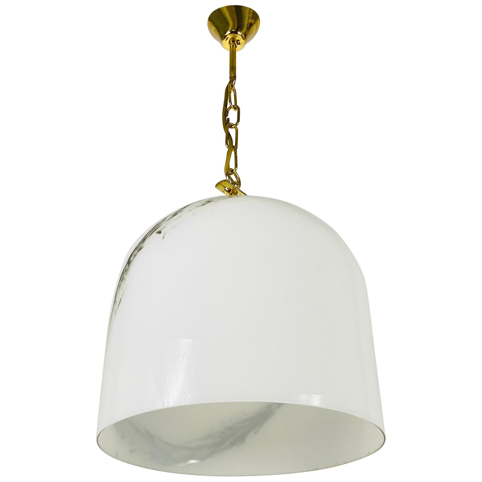 White Glass and Brass Hanging Lamp by Peill & Putzler, 1970s, Germany For Sale