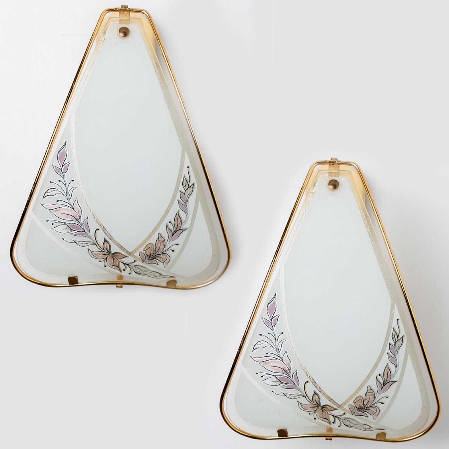 Opaline Glass White Glass and Brass Ornate Flower Wall Sconces For Sale