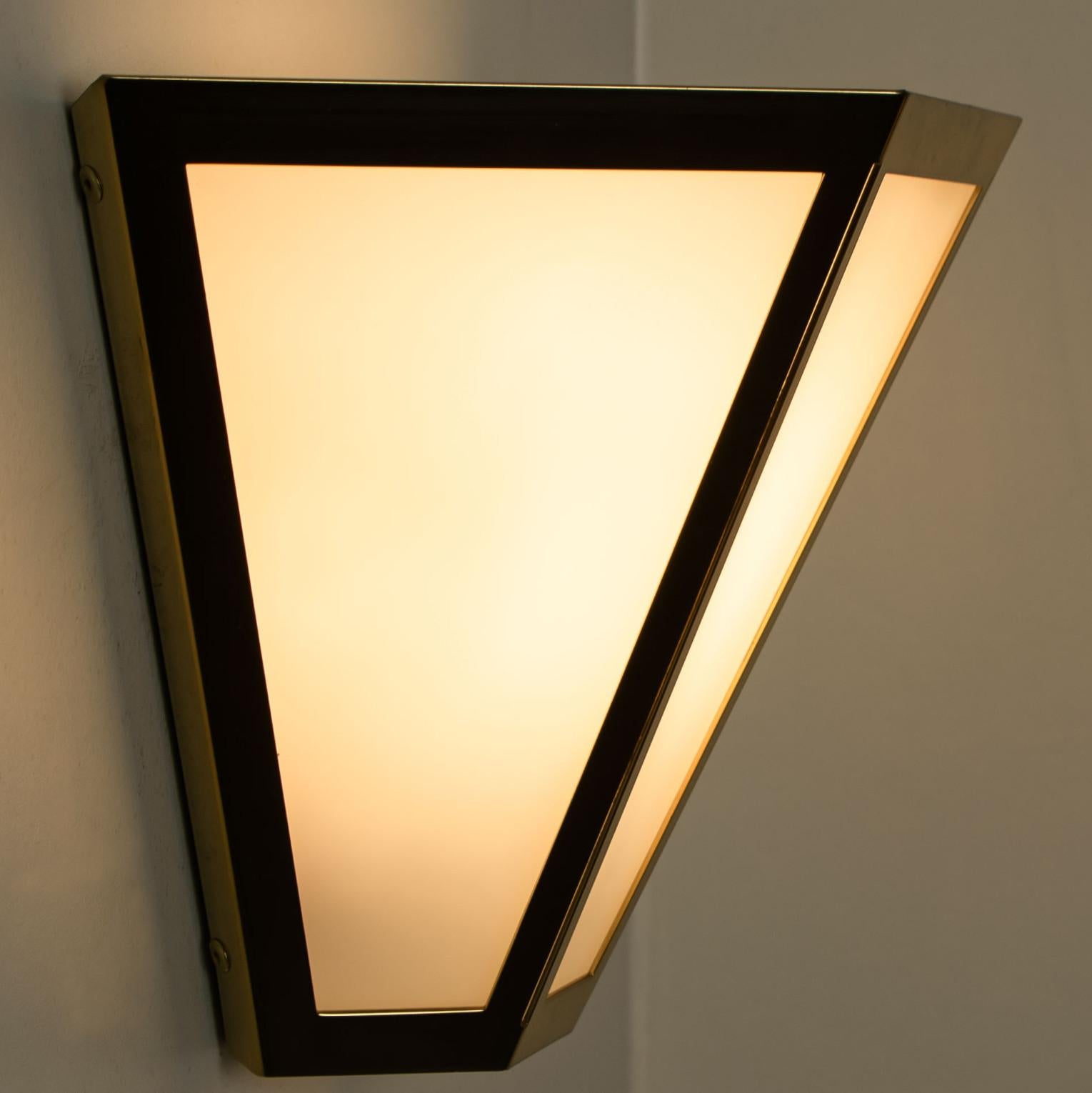 White Glass and Brass Pyramid Wall Lights by Limburg, 1970s For Sale 3