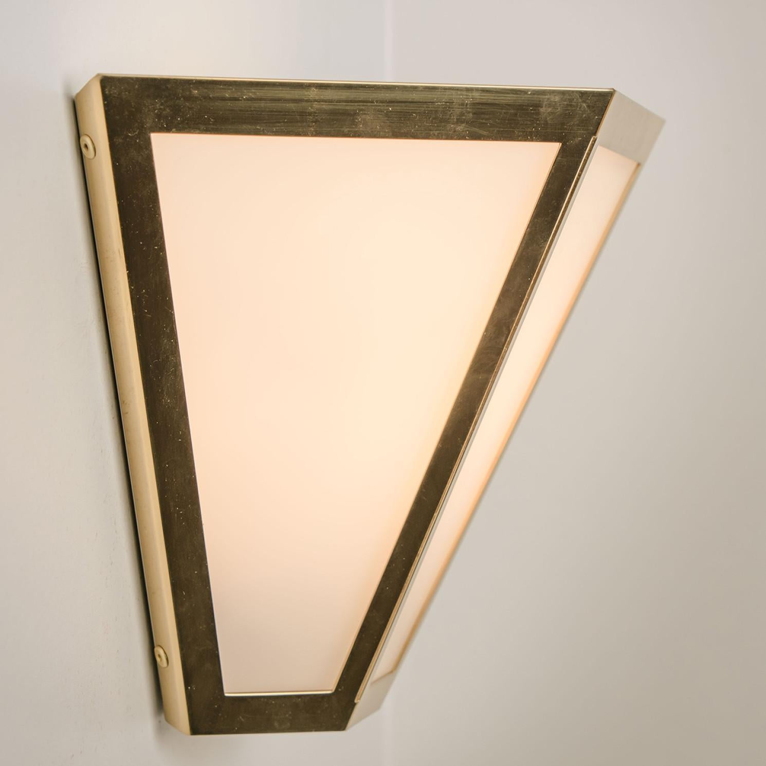 German White Glass and Brass Pyramid Wall Lights by Limburg, 1970s For Sale