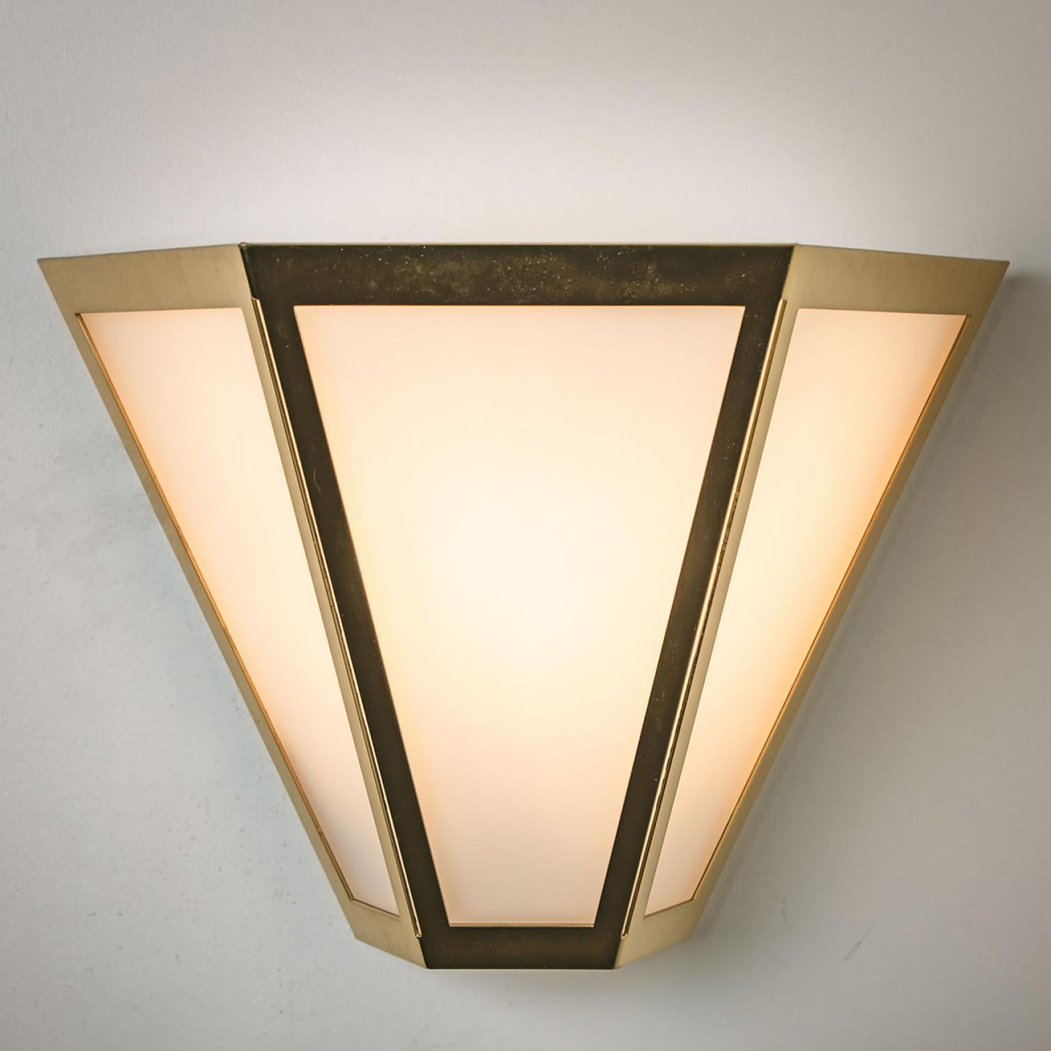 Late 20th Century White Glass and Brass Pyramid Wall Lights by Limburg, 1970s For Sale