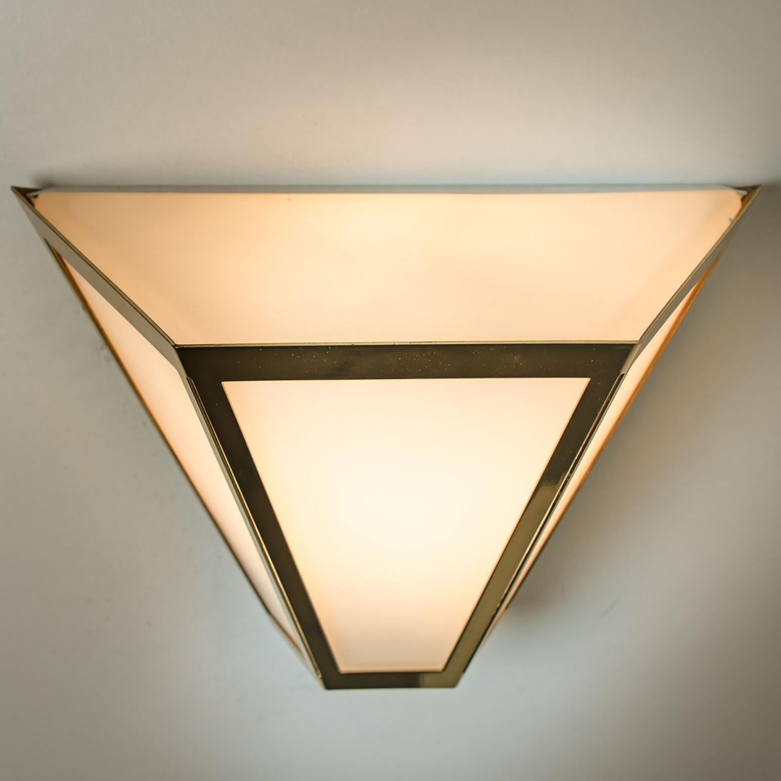 White Glass and Brass Pyramid Wall Lights by Limburg, 1970s For Sale 1