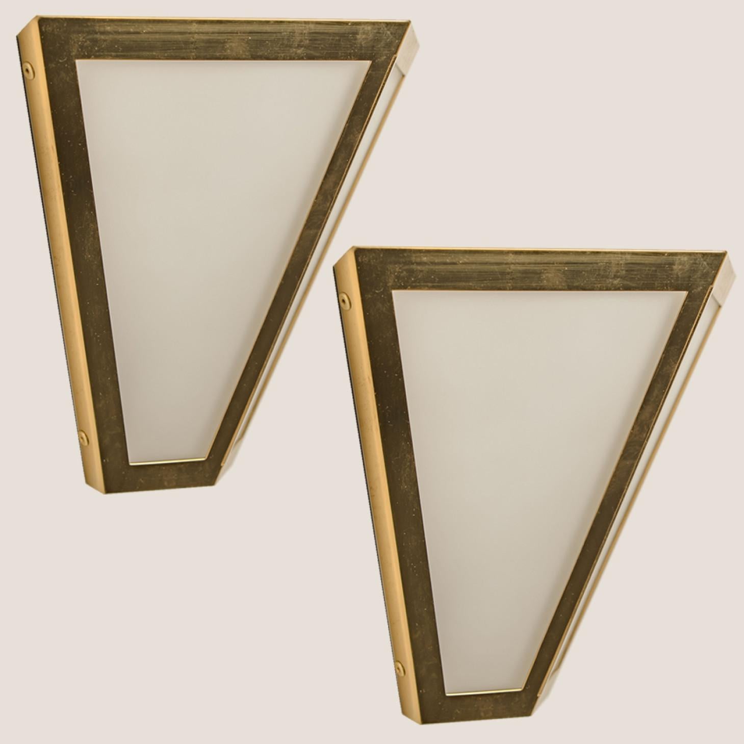 White Glass and Brass Pyramid Wall Lights by Limburg, 1970s For Sale 2