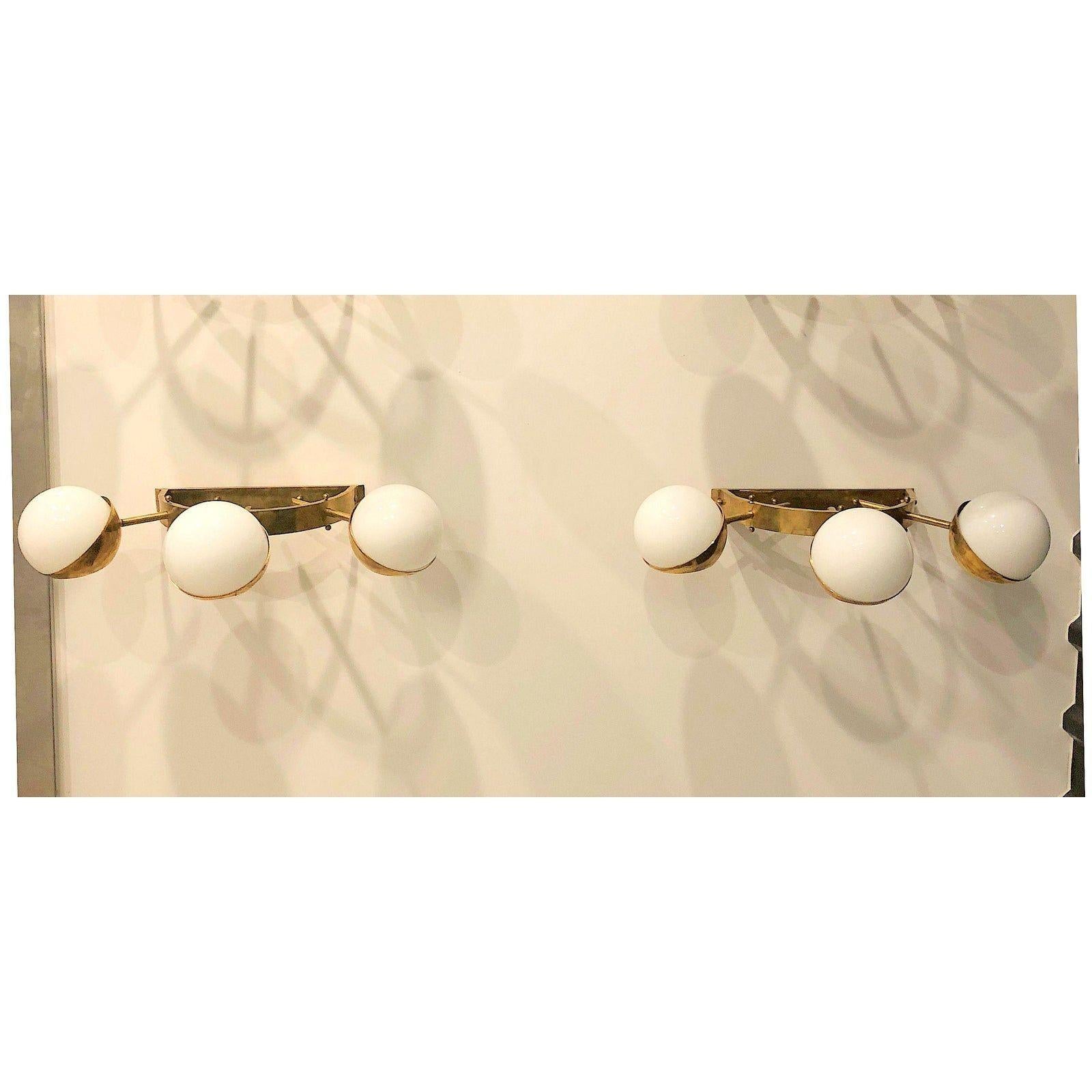White Glass and Brass Sconces, Italy For Sale 6