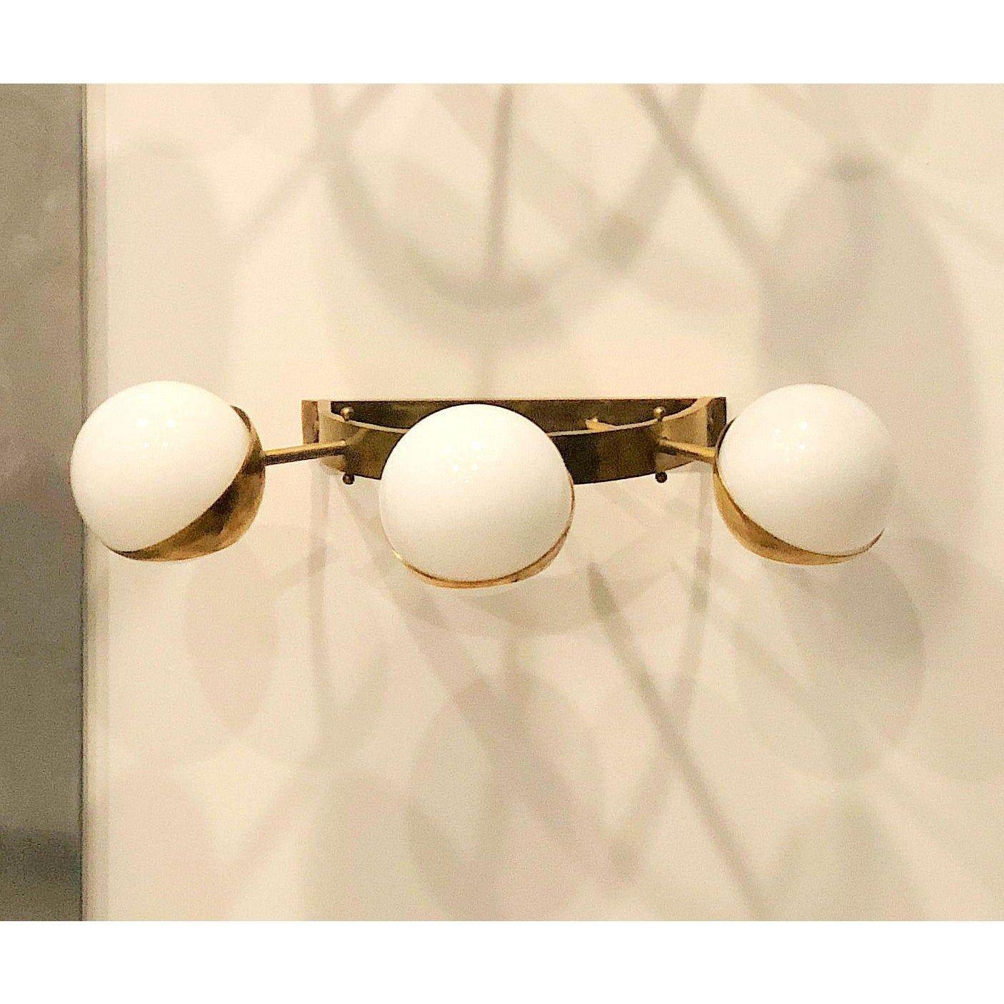 Mid-Century Modern White Glass and Brass Sconces, Italy For Sale