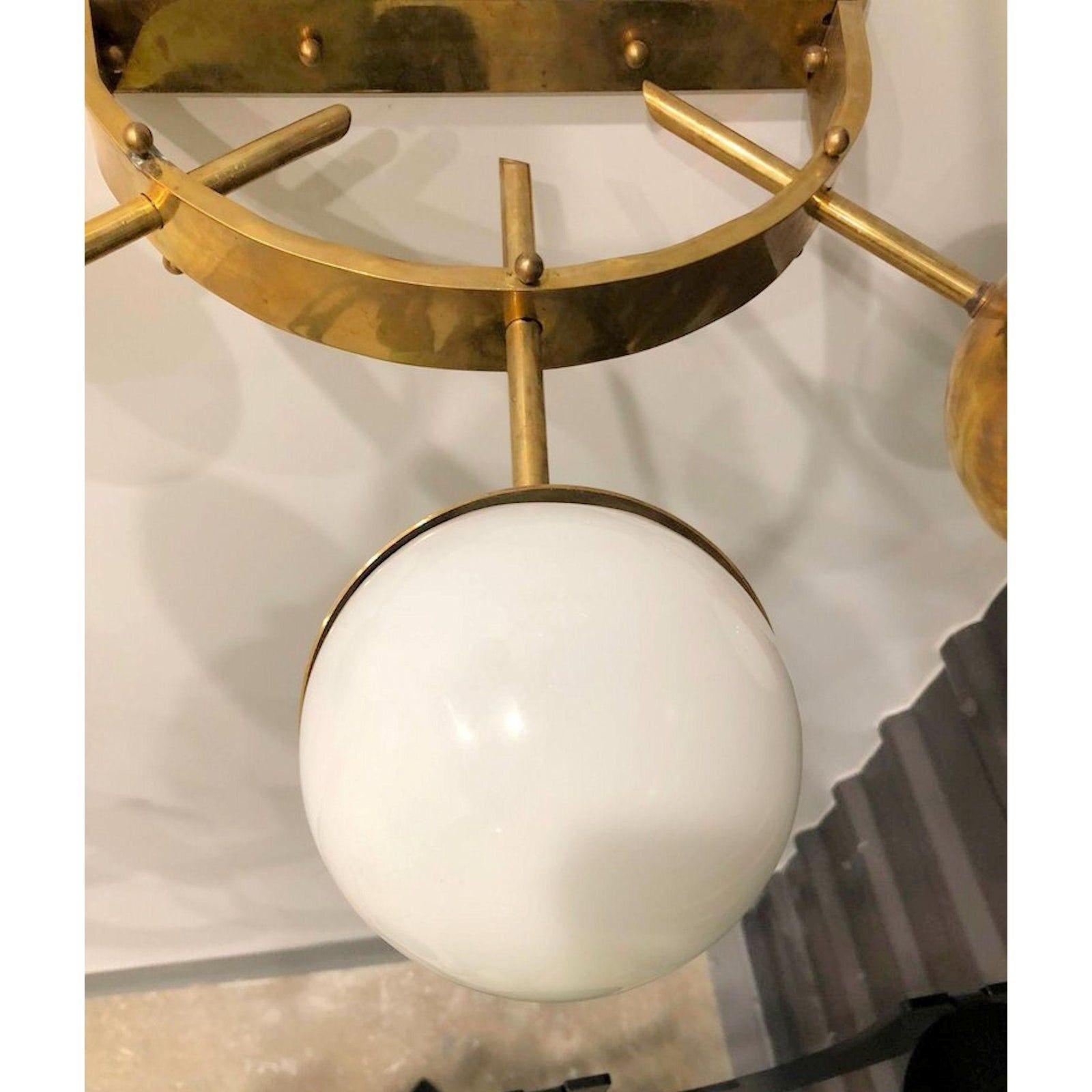 Mid-20th Century White Glass and Brass Sconces, Italy For Sale