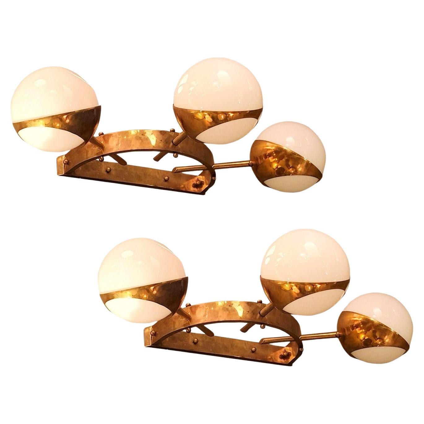 White Glass and Brass Sconces, Italy For Sale