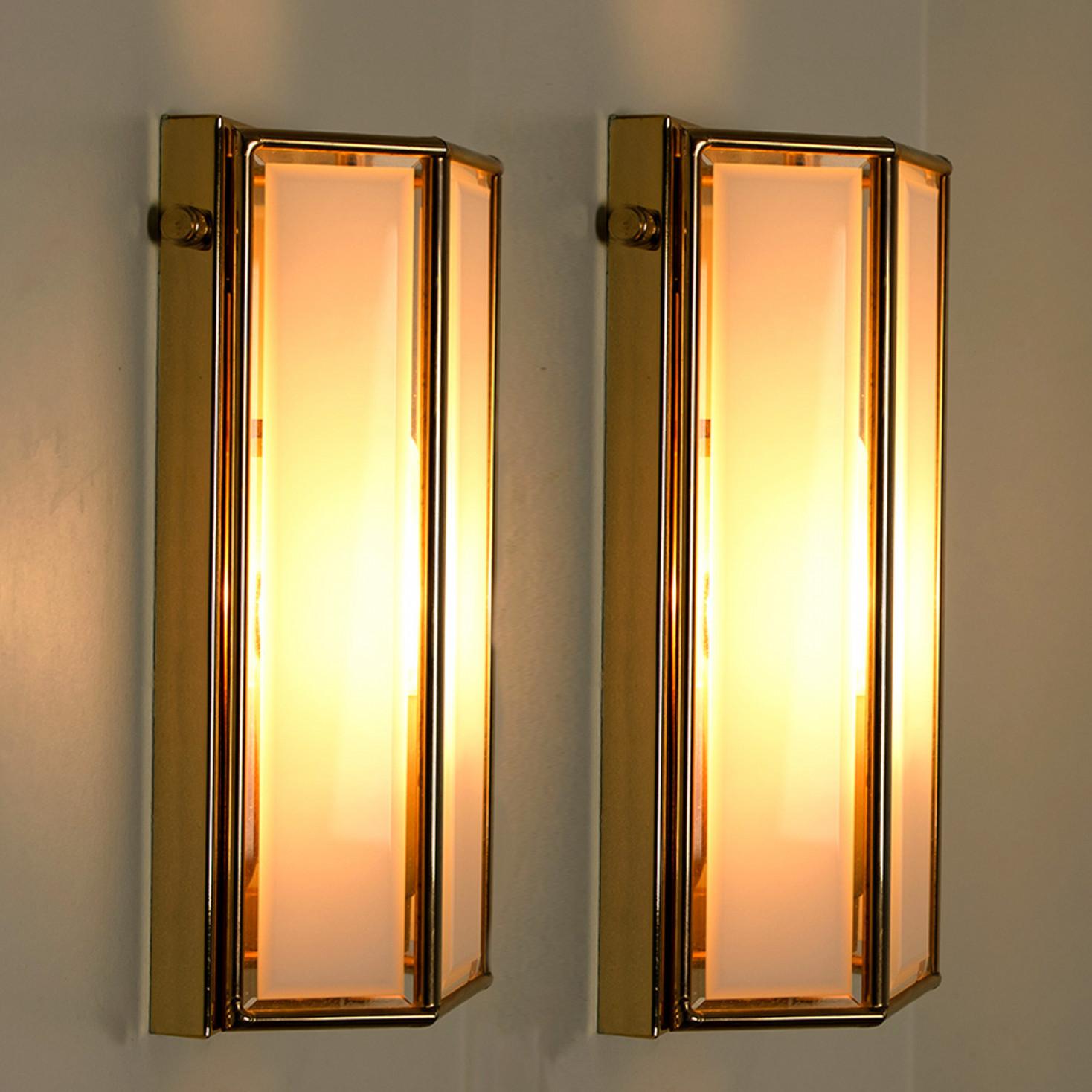 White Glass and Brass Wall Lights by Glashütte Limburg, 1970s For Sale 3