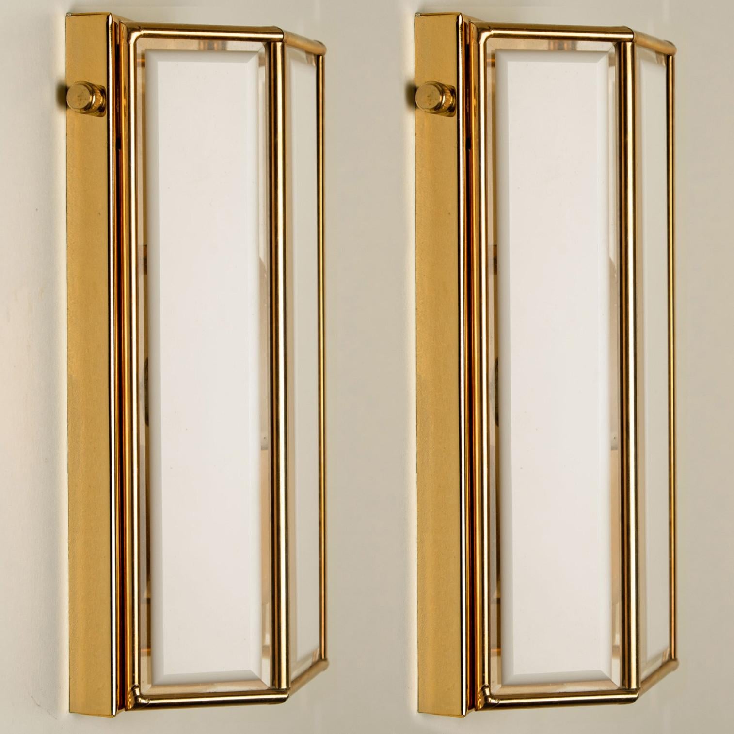 Mid-Century Modern White Glass and Brass Wall Lights by Glashütte Limburg, 1970s For Sale