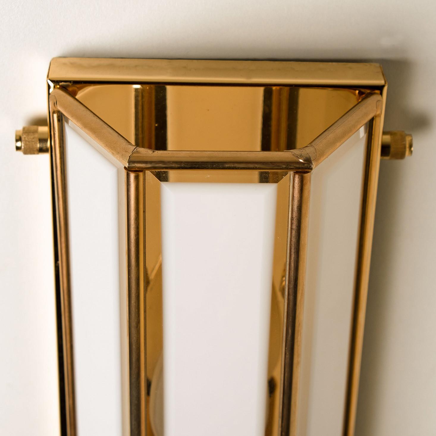 Mid-Century Modern White Glass and Brass Wall Lights by Glashütte Limburg, 1970s For Sale
