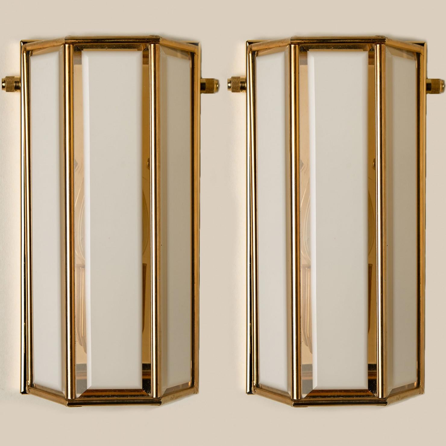 White Glass and Brass Wall Lights by Glashütte Limburg, 1970s For Sale 2