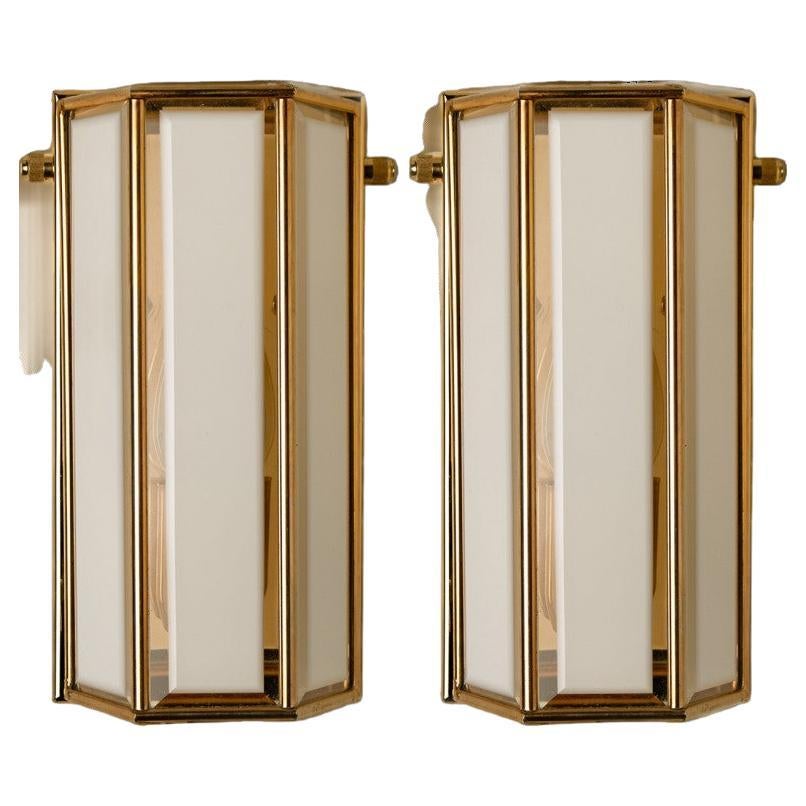 White Glass and Brass Wall Lights by Glashütte Limburg, 1970s