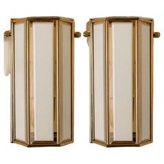 White Glass and Brass Wall Lights by Glashütte Limburg, 1970s