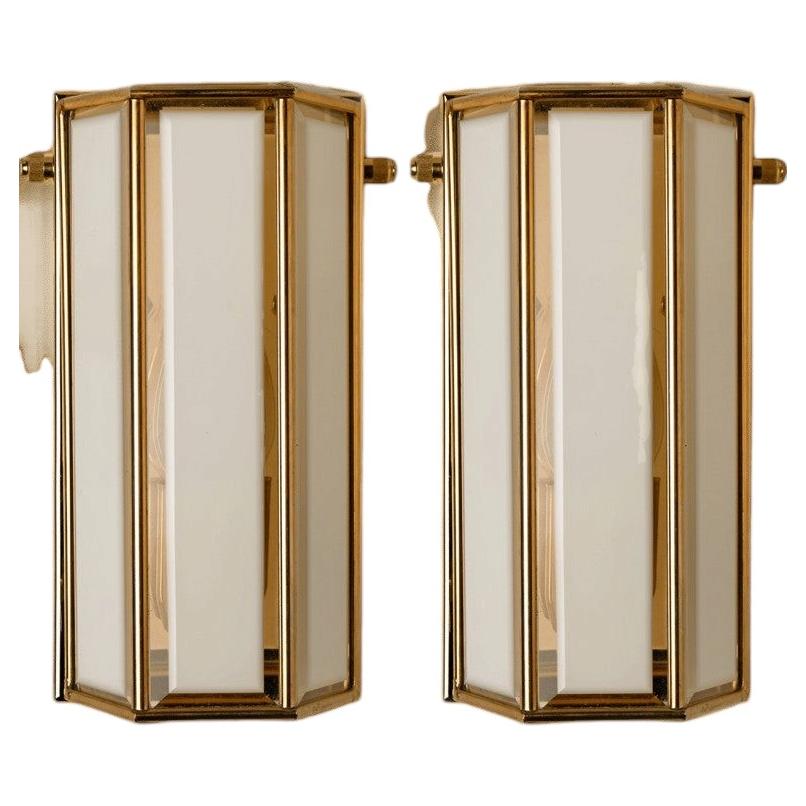 White Glass and Brass Wall Lights by Glashütte Limburg, 1970s