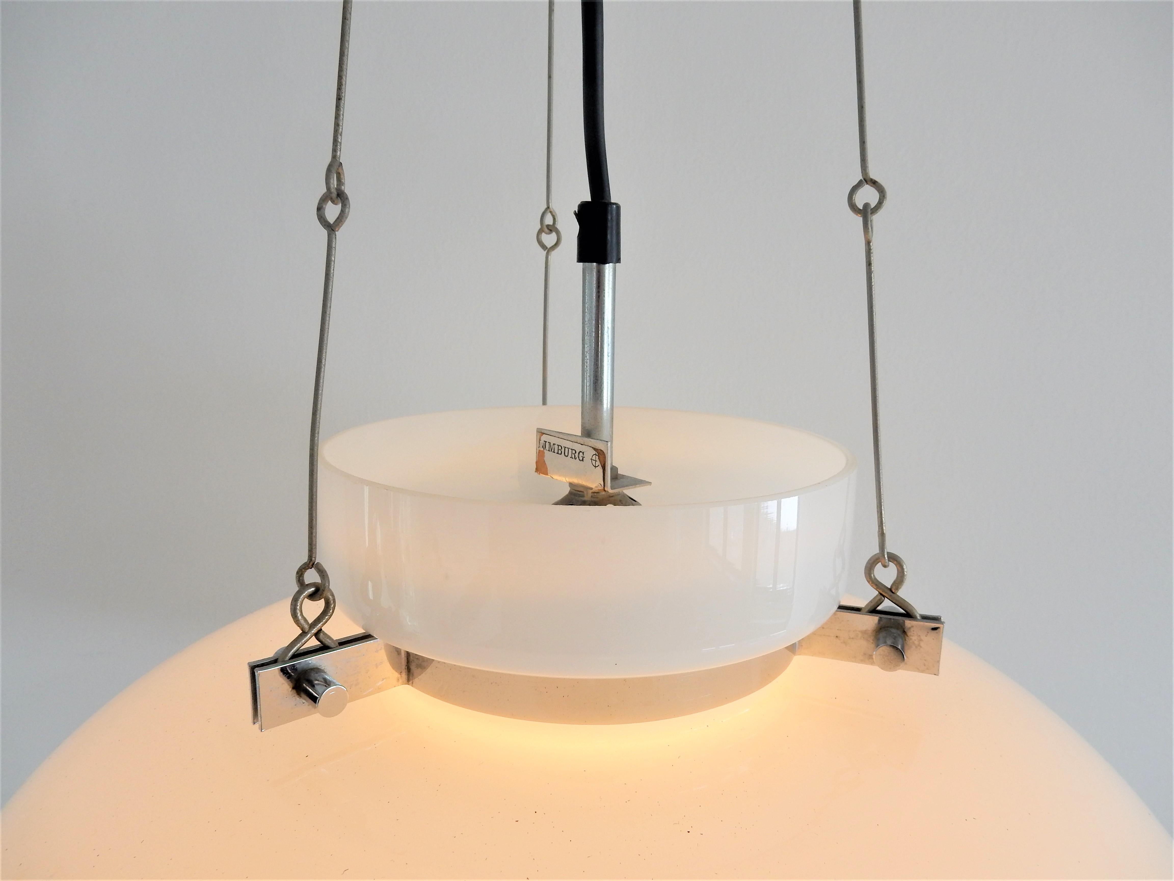 German White Glass and Chrome Pendant Lamp by Herbert Proft for Glashütte Limburg