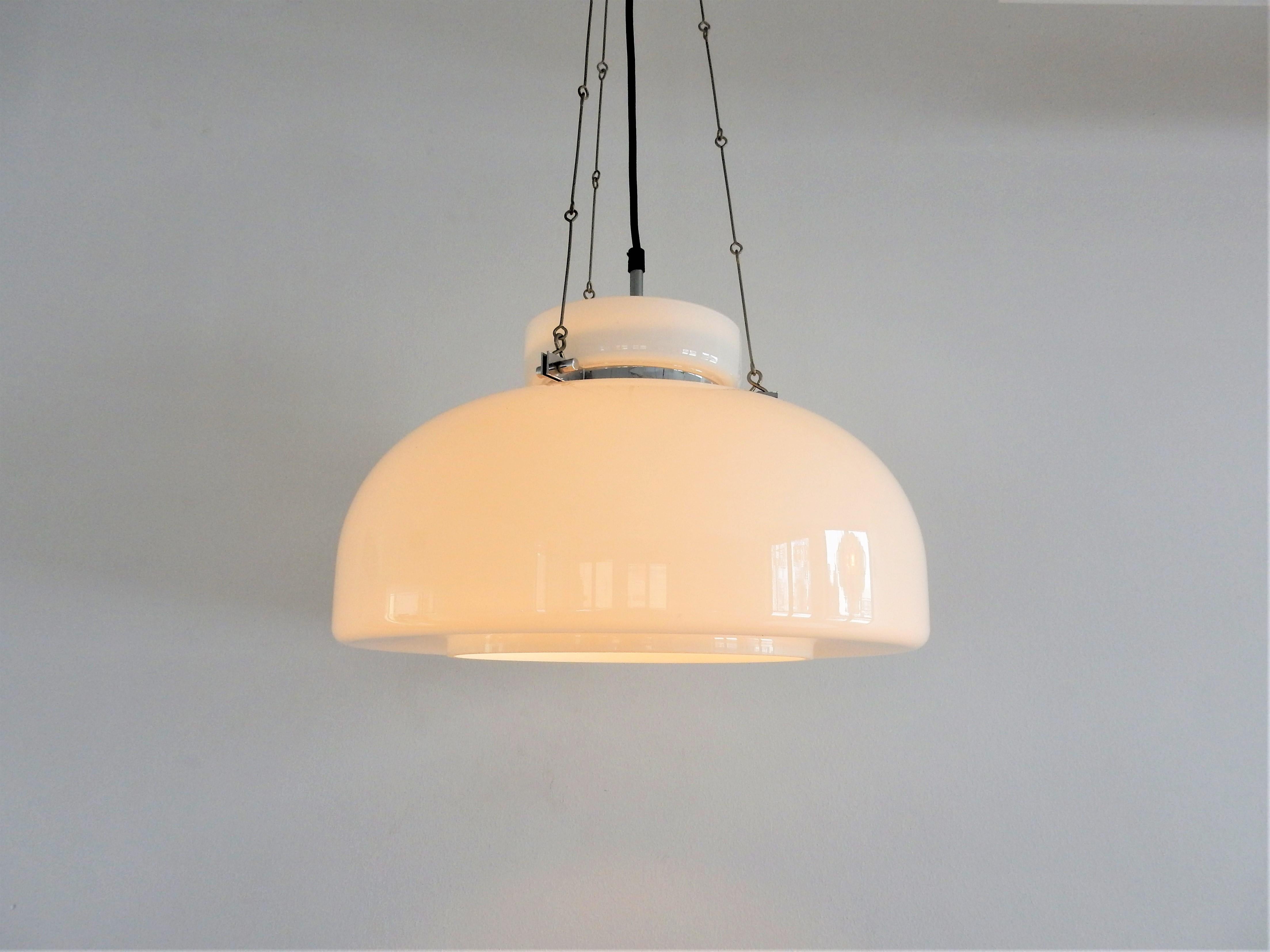 White Glass and Chrome Pendant Lamp by Herbert Proft for Glashütte Limburg In Good Condition In Steenwijk, NL