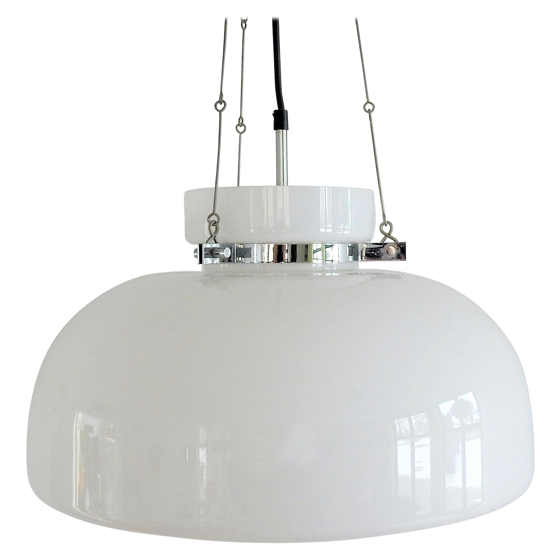 White Glass and Chrome Pendant Lamp by Herbert Proft for Glashütte Limburg