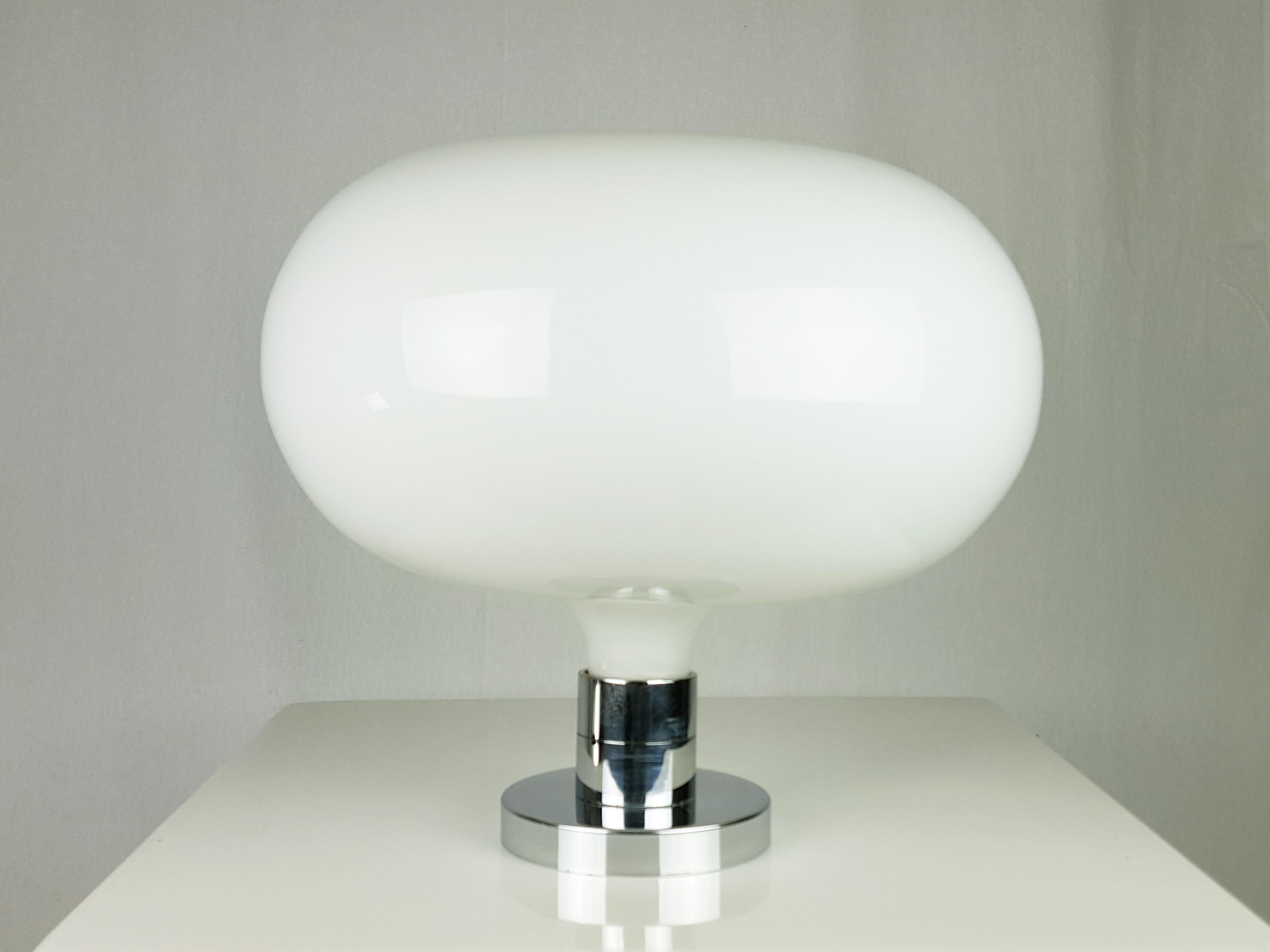 Italian flush mount lamp made from white opaline glass shade and chrome-plated metal. Perfect condition.