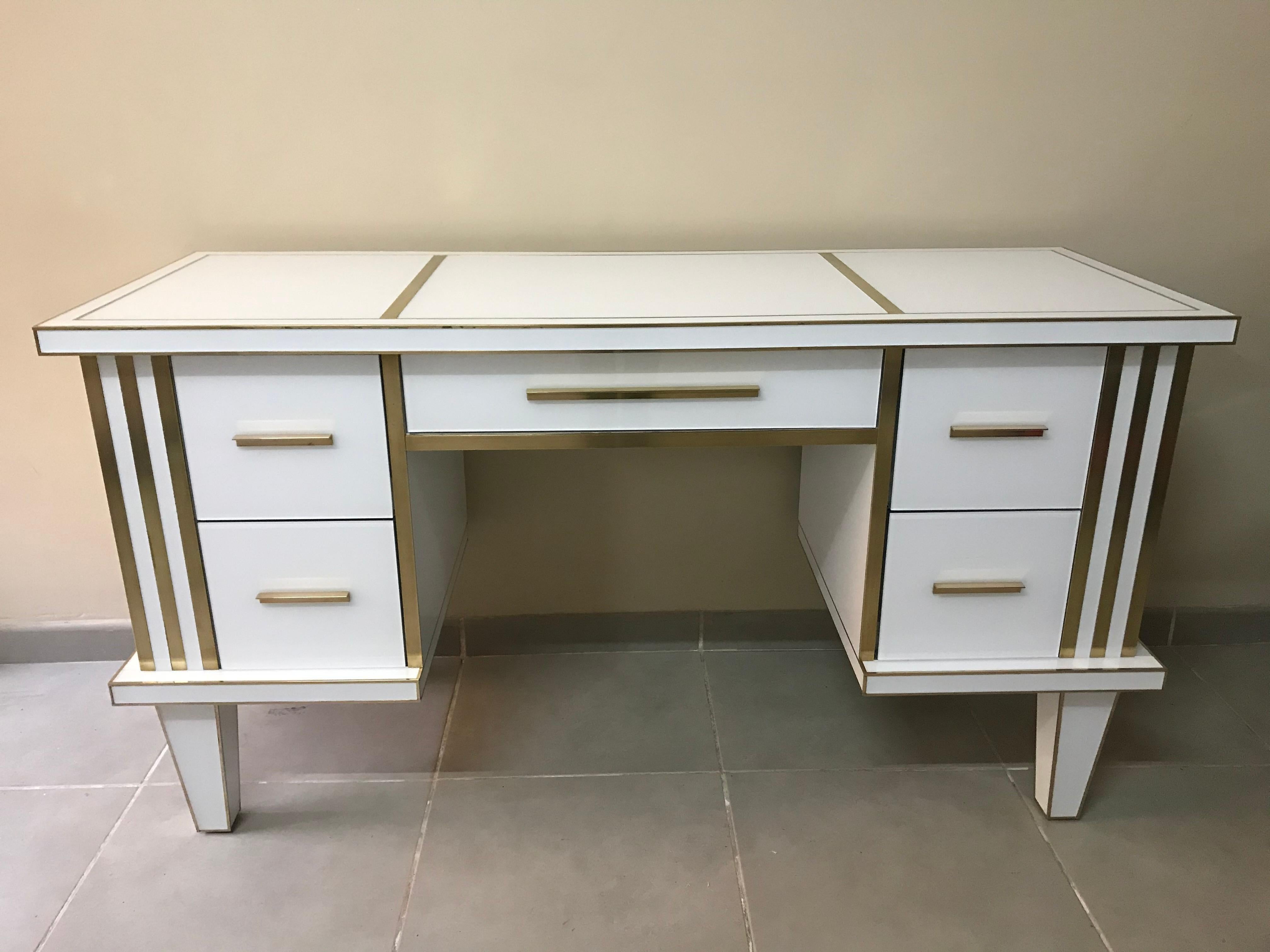 Modern White Glass and Mirrored Desk with Brass, Commode Vanity, Chest of Drawers