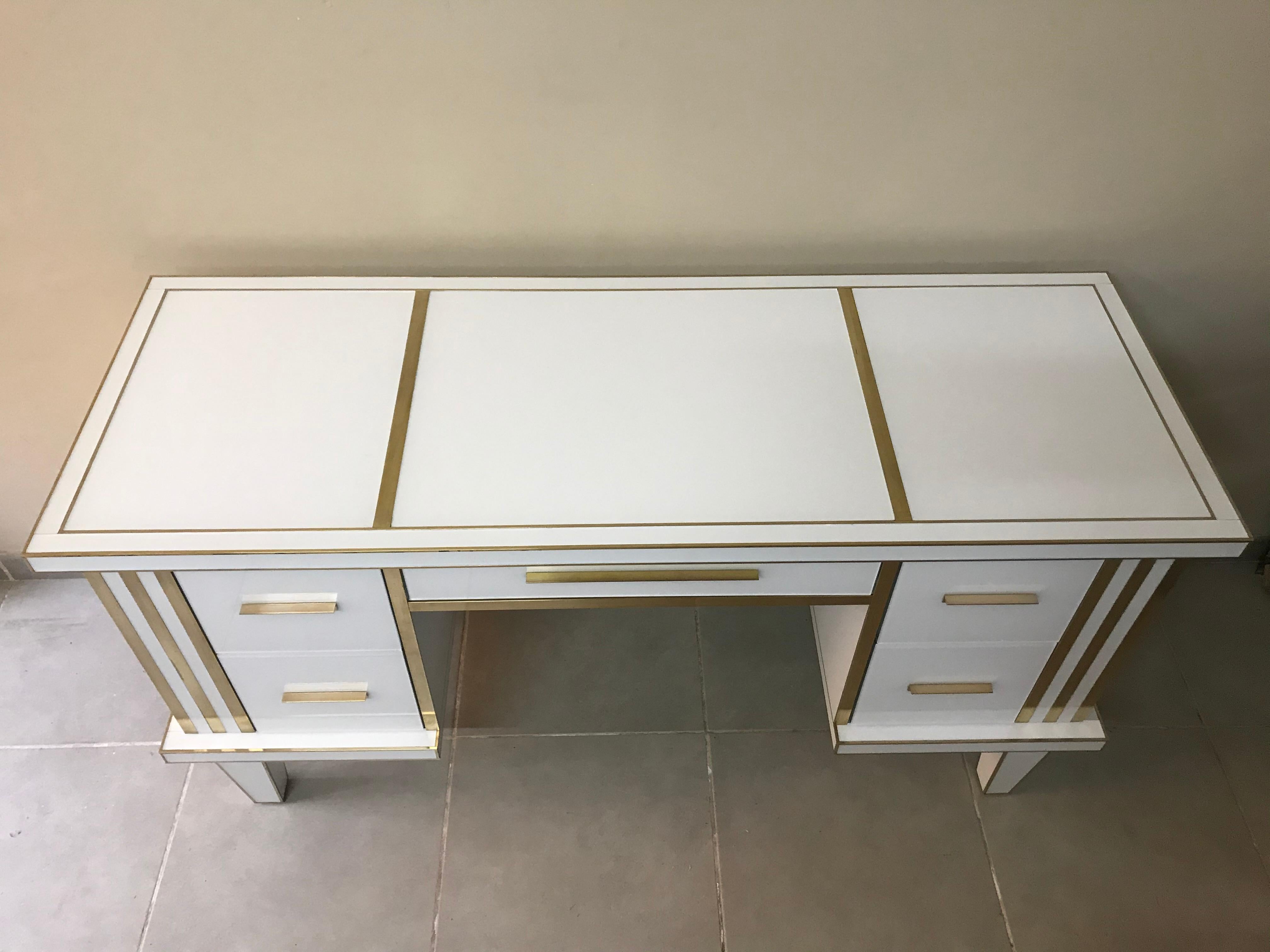 European White Glass and Mirrored Desk with Brass, Commode Vanity, Chest of Drawers