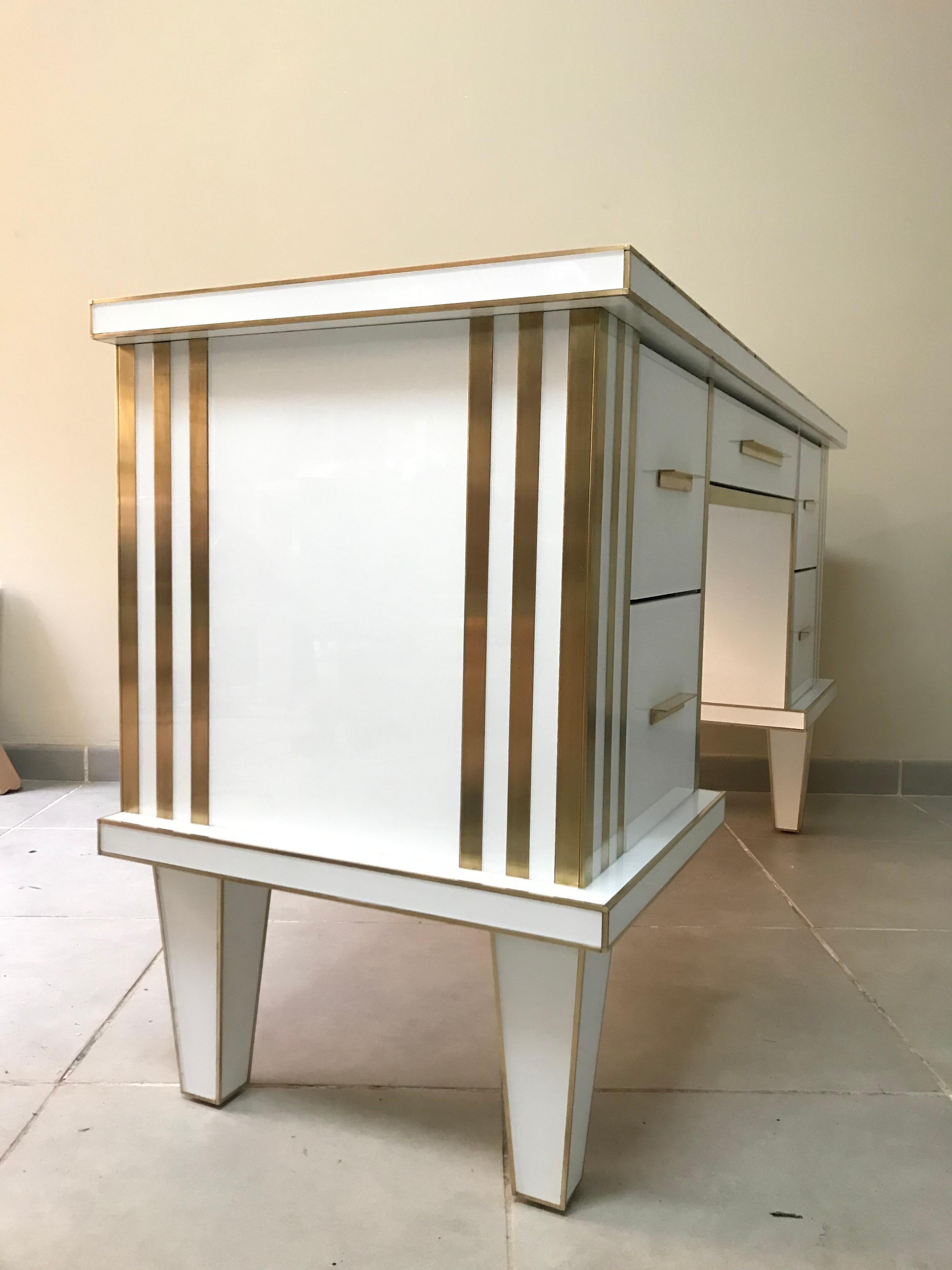 Inlay White Glass and Mirrored Desk with Brass, Commode Vanity, Chest of Drawers