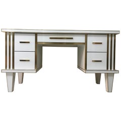 White Glass and Mirrored Desk with Brass, Commode Vanity, Chest of Drawers