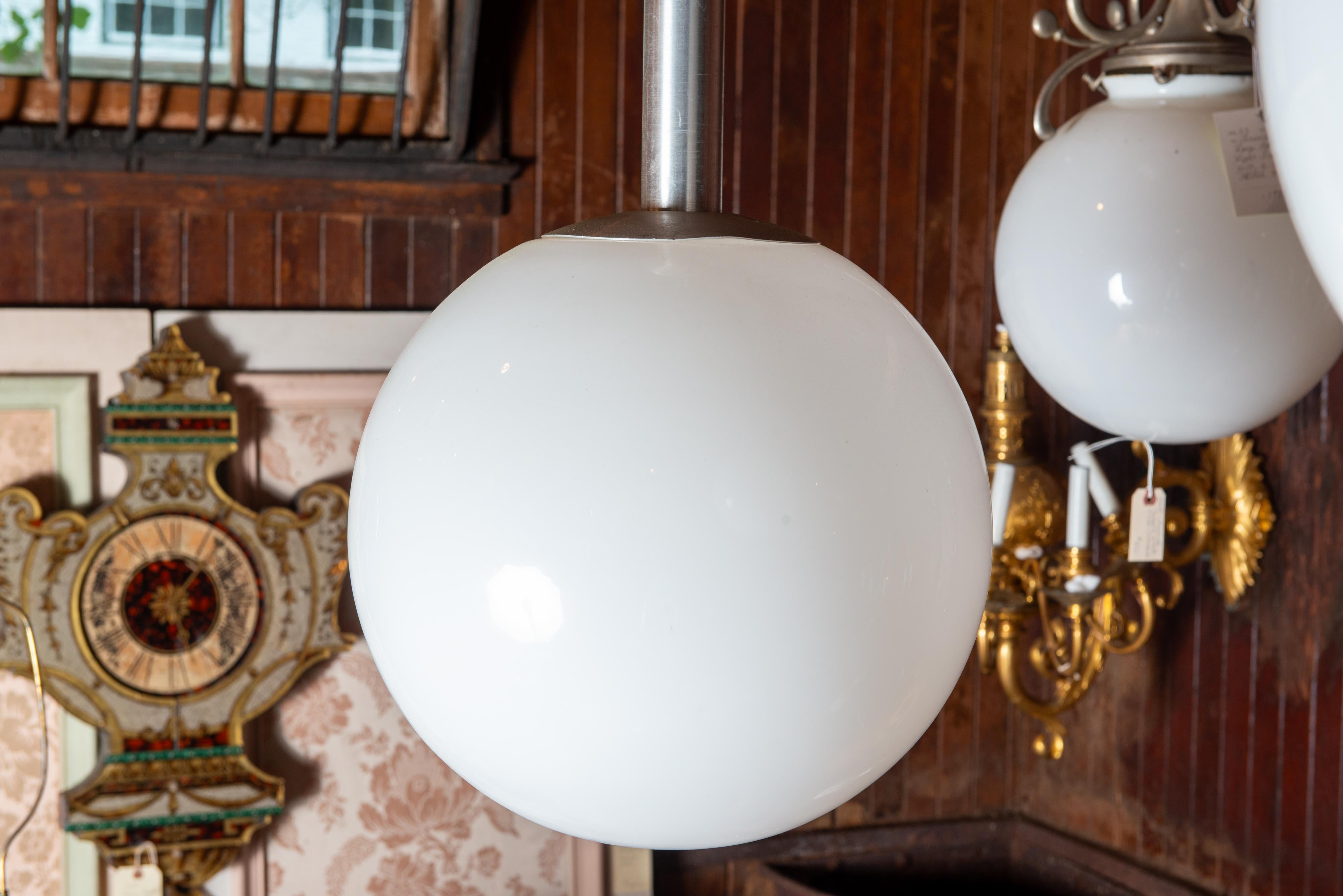 White Glass Ball Pendant Light with Aluminum Stem, Single or Pair For Sale 3