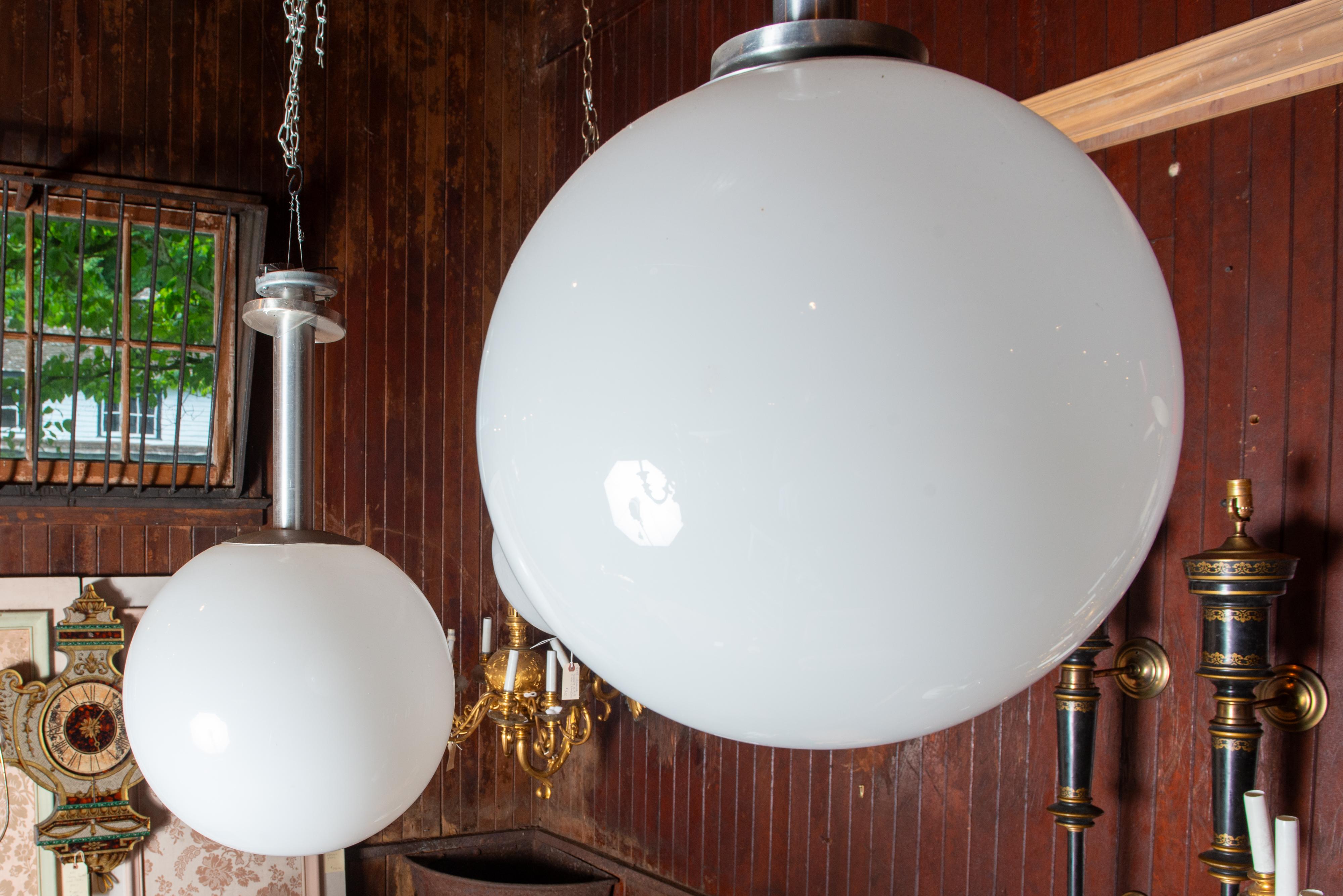 White Glass Ball Pendant Light with Aluminum Stem, Single or Pair For Sale 4