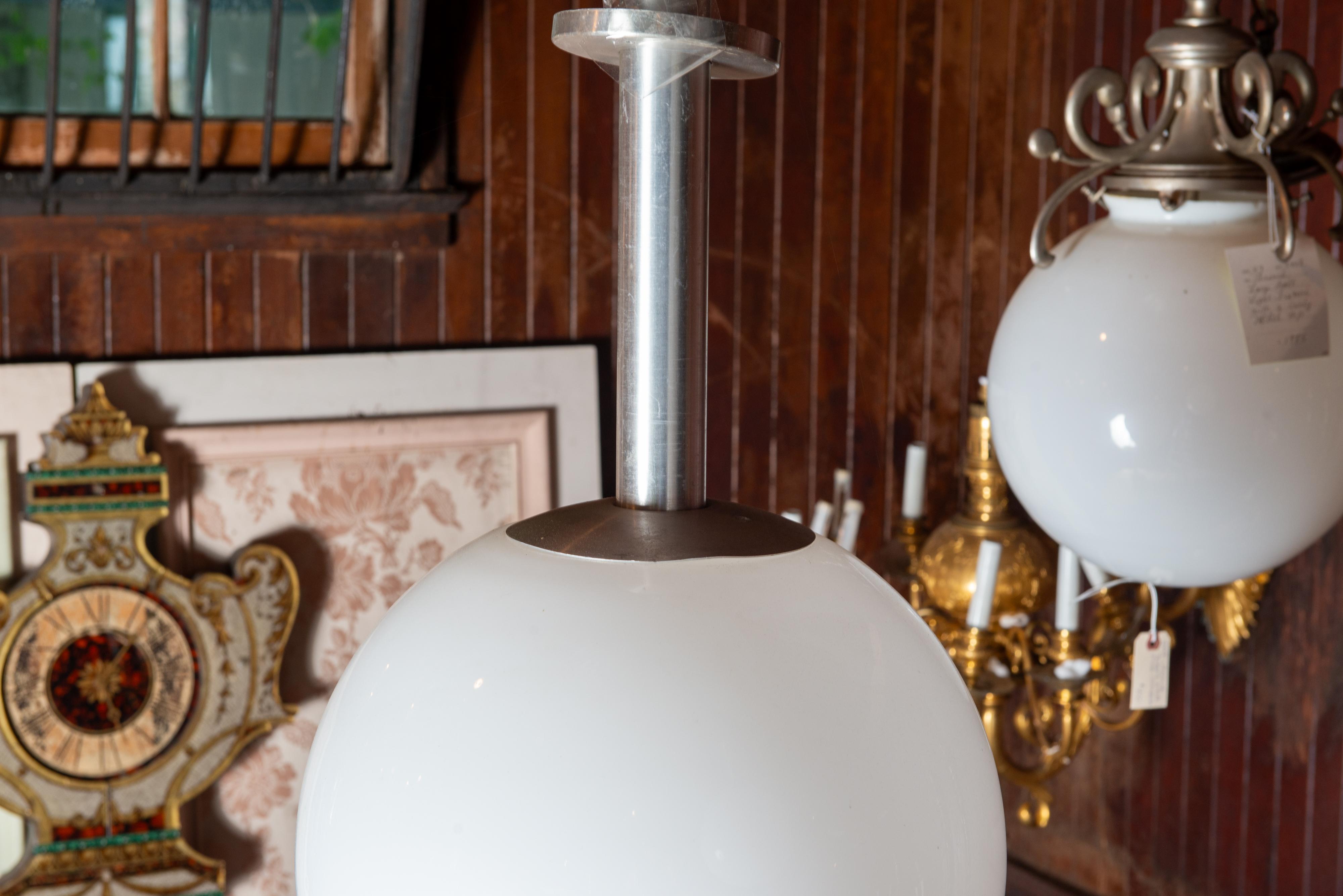 White Glass Ball Pendant Light with Aluminum Stem, Single or Pair For Sale 5