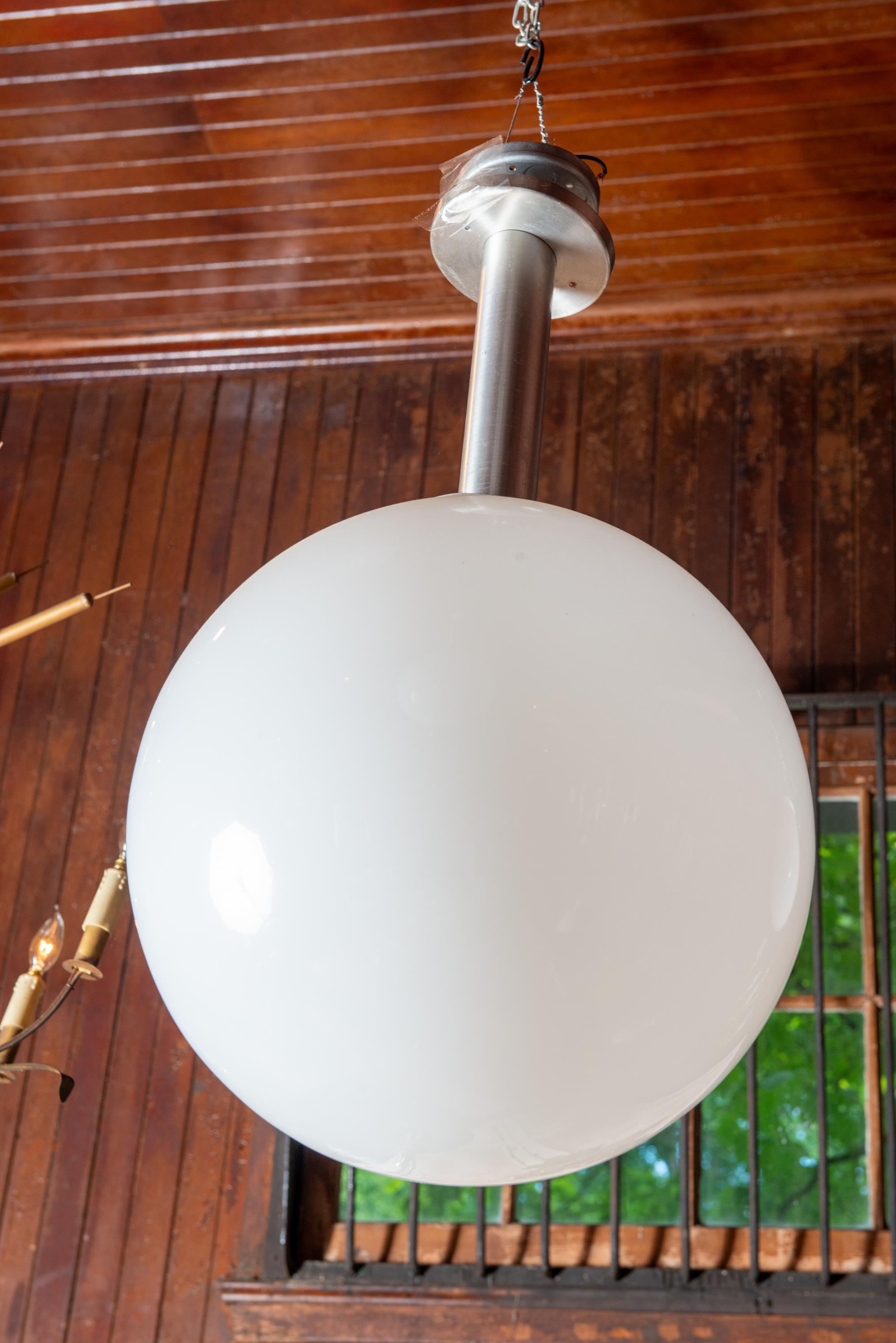 White Glass Ball Pendant Light with Aluminum Stem, Single or Pair For Sale 7
